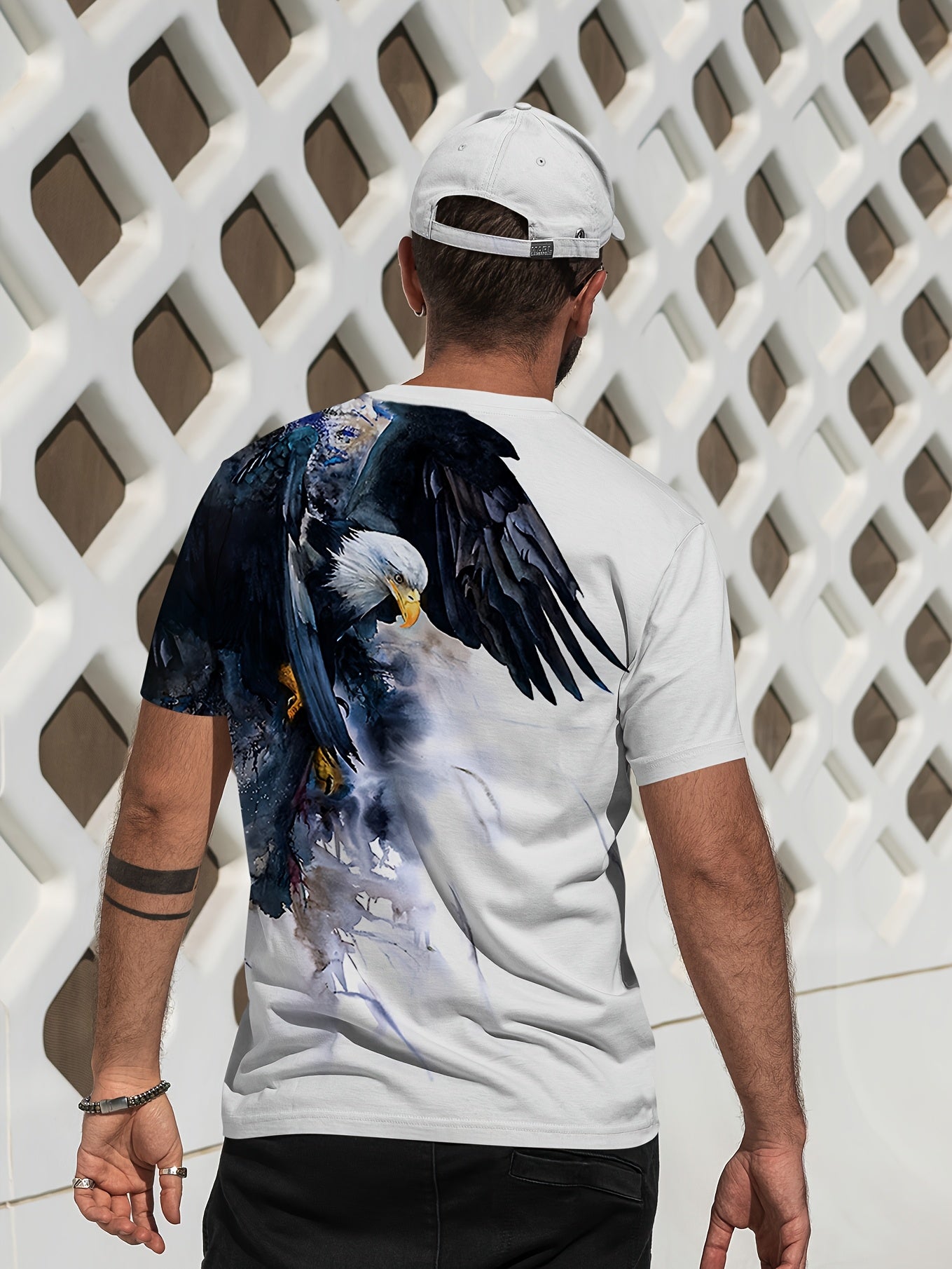 Men's 3D Eagle Print T-Shirt - Casual Round Neck, Short Sleeve, Summer Tee with Drawstring Detail