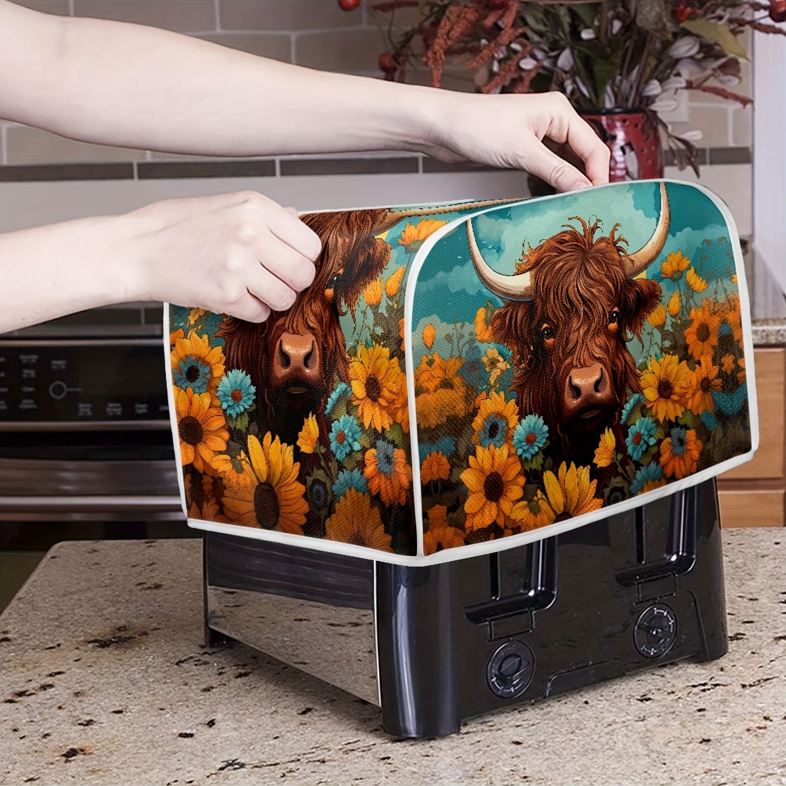 Sunflower Highland Cow Printed Toast Oven Cover - Protective, Dustproof, and Fingerprint Resistant for Kitchen Small Appliances - Suitable for Toast Ovens - Rshubino Brand