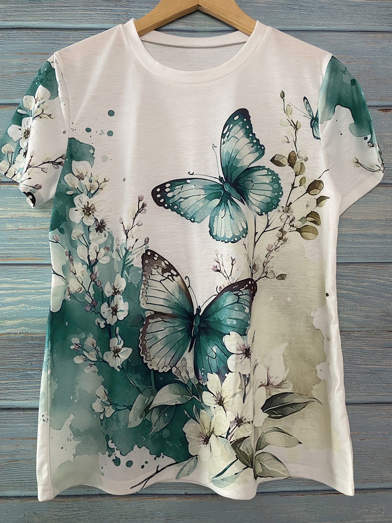 Butterfly & Flower Print Relaxed Fit Crew Neck Short Sleeve T-Shirt - Soft Medium Stretch Polyester Fabric, Casual Summer Top with Positioning Printing - Womens Regular Length Clothing for Spring & Summer