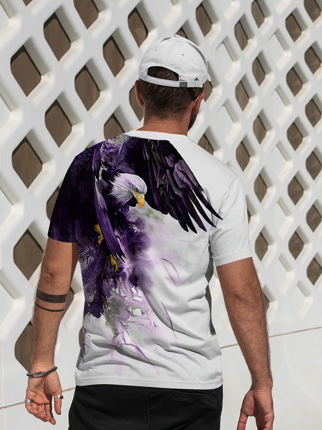 Men's 3D Eagle Print T-Shirt - Casual Round Neck, Short Sleeve, Summer Tee with Drawstring Detail