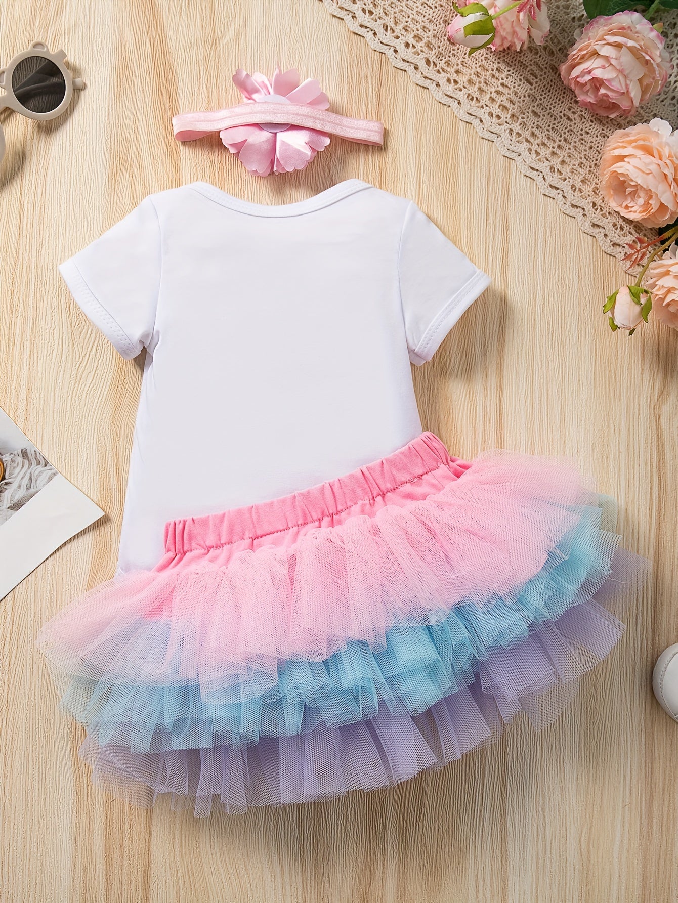 2-Piece Toddler Girl's Birthday Outfit Set - Embroidered Number 1 & Crown, Colorful Layered Tutu Skirt, Soft T-Shirt, and Flower Headband - Perfect for Daily Wear, Holiday, and Party Celebrations