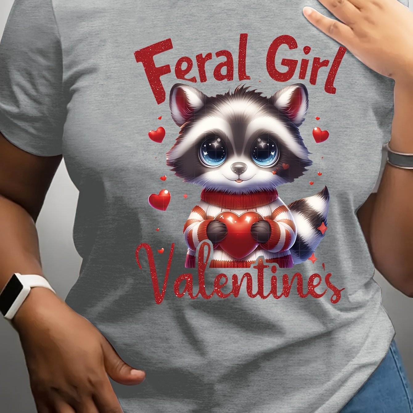 Women'S Valentine'S Day Feral Girl Raccoon Print T-Shirt, Casual Crew Neck Short Sleeve Top, 100% Polyester Knit Fabric, Regular Length, All Seasons - 180gsm