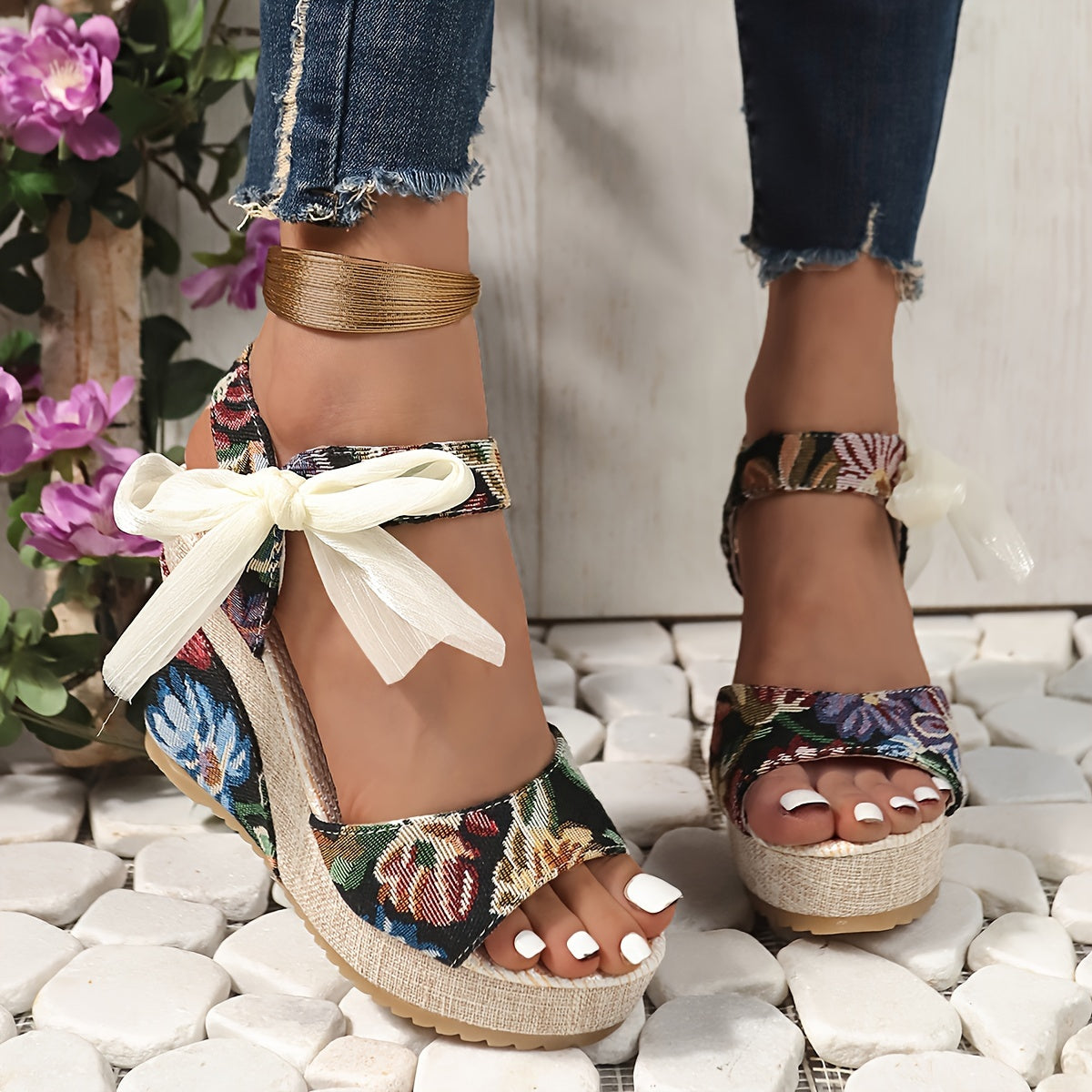 Vibrant Floral Print Wedge Sandals - Chic Peep-Toe Design, Adjustable Bow Ankle Strap with Slingback Closure, Sturdy Platform Heel - Perfect for Womens Casual Outings, Versatile and Easy to Match with Various Outfits, Ideal for Outdoor Events or Social G