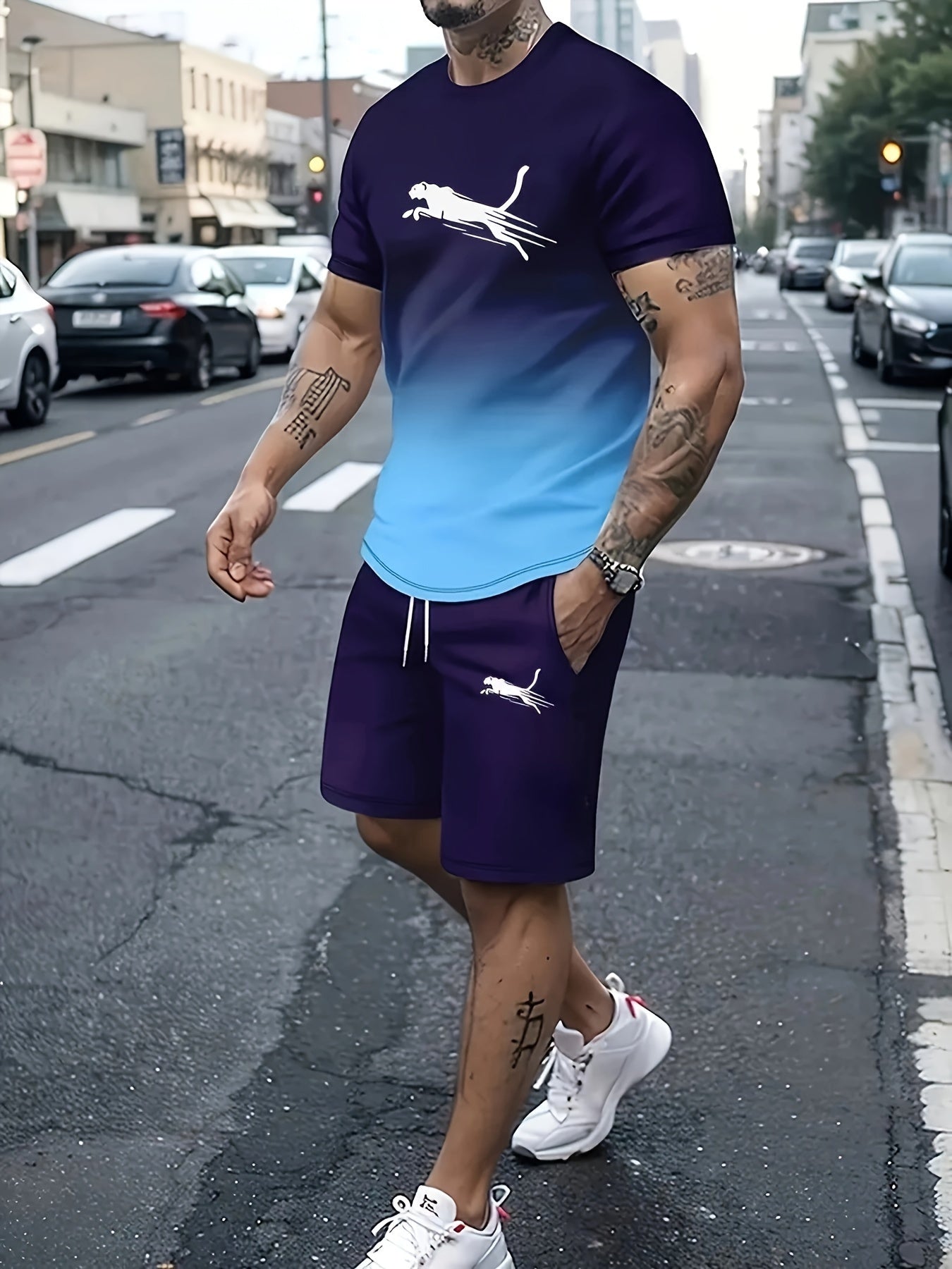 Men's Casual 2pcs Set: Colorful Gradient Print T-Shirt & Drawstring Shorts - Perfect for Summer Vacations, Machine Washable