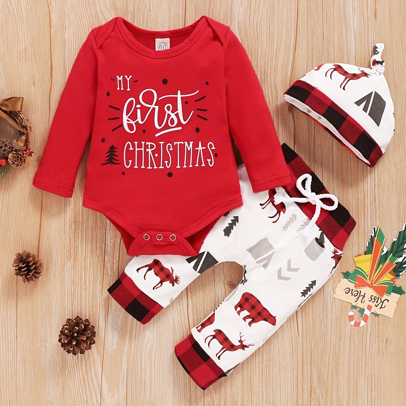 Baby Boy's Cute Christmas Outfit, Letter Print Infant Romper & Elk Cartoon Graphic Pants & Hat Set