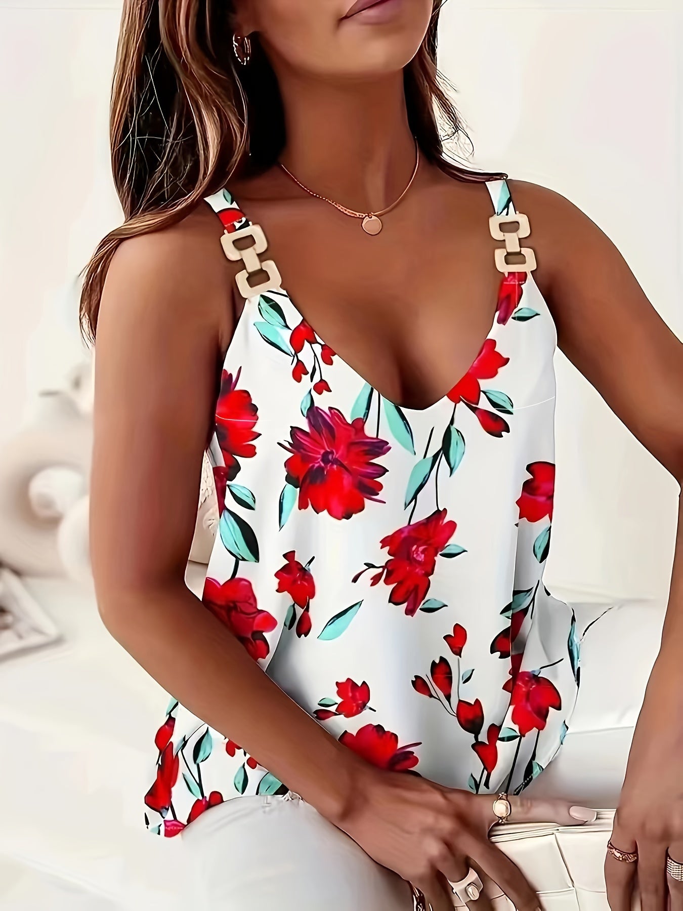 Chic Plus Size Floral Cami Top with Metal Chain Detail - V-Neck, Non-Stretch Polyester, Perfect for Summer & Beach Outings