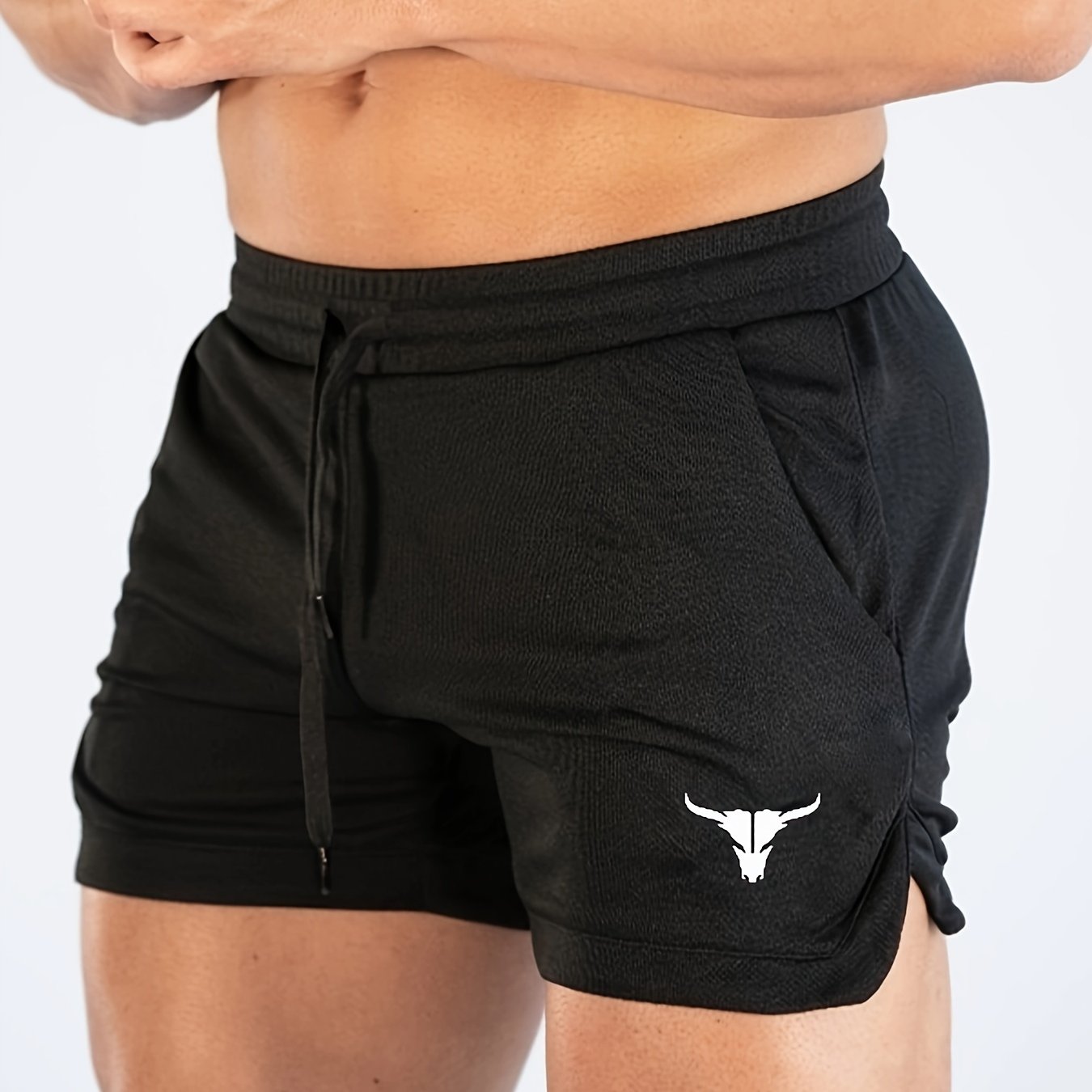 Men's Bull Graphic Print Split Shorts With Pockets, Active Elastic Waist Drawstring Shorts For Summer