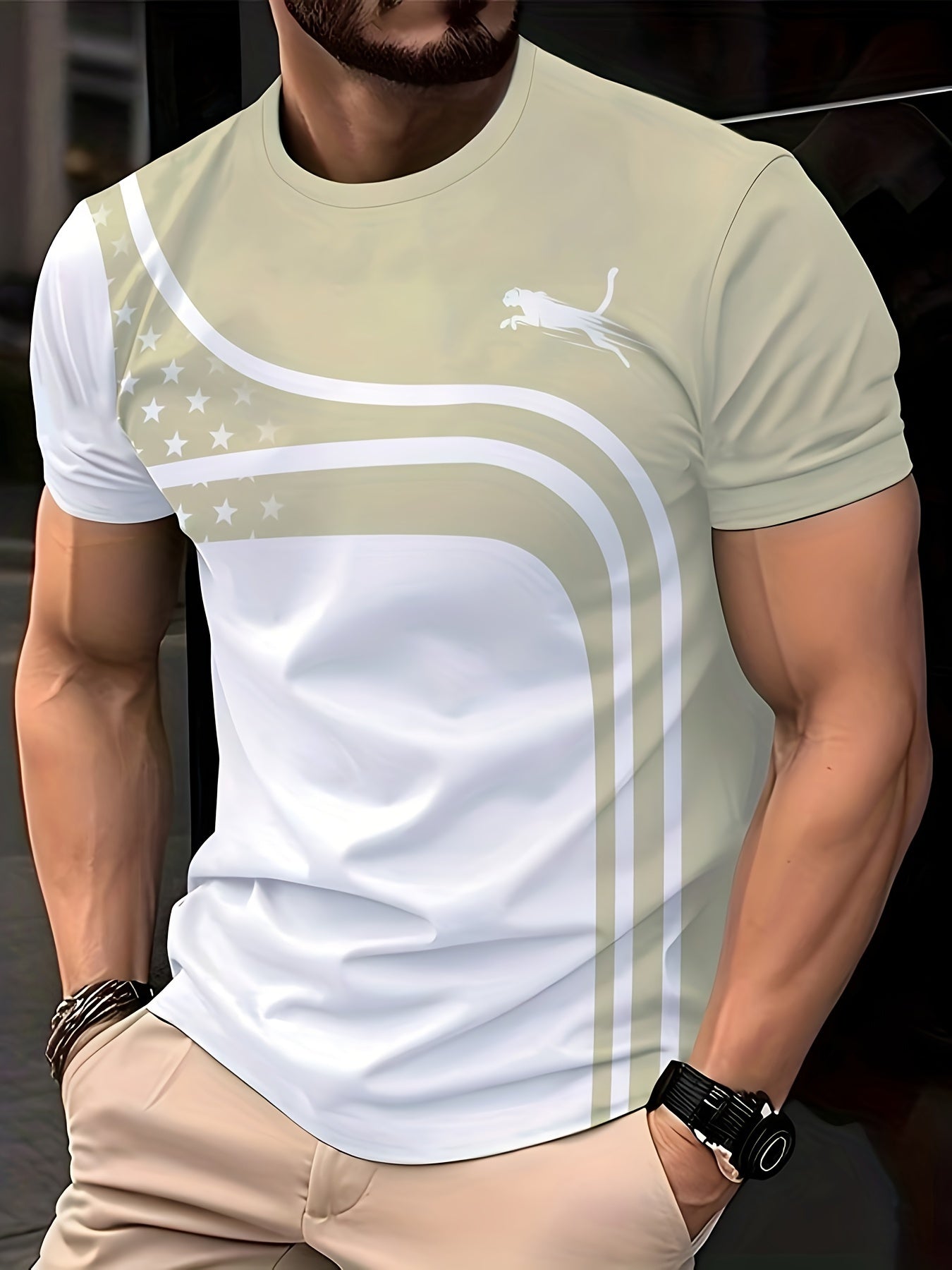 Men's Casual Crew Neck T-Shirt with Geometric Print - Soft Polyester, Regular Fit, Non-Transparent - Perfect for Summer