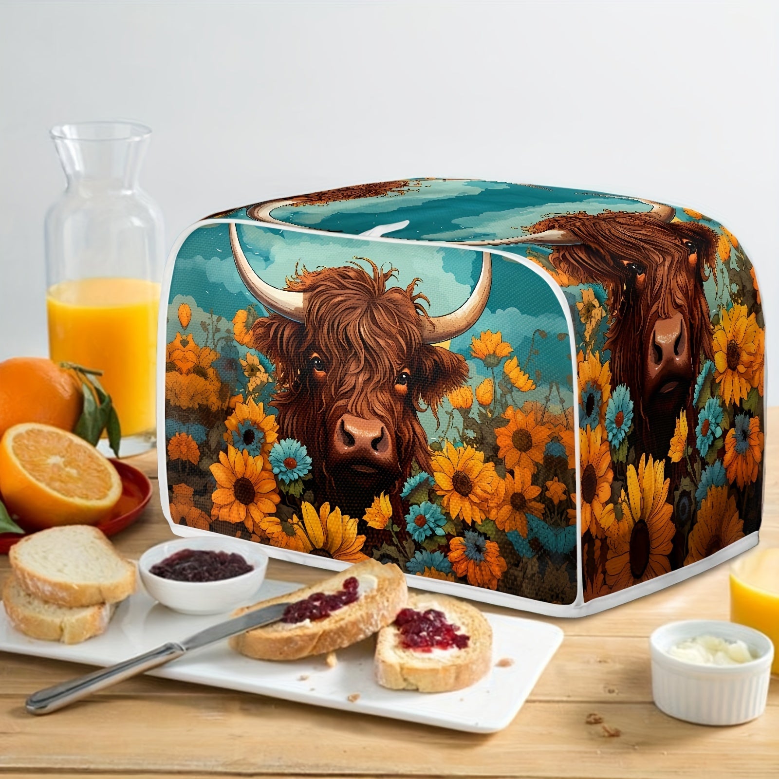 Sunflower Highland Cow Printed Toast Oven Cover - Protective, Dustproof, and Fingerprint Resistant for Kitchen Small Appliances - Suitable for Toast Ovens - Rshubino Brand