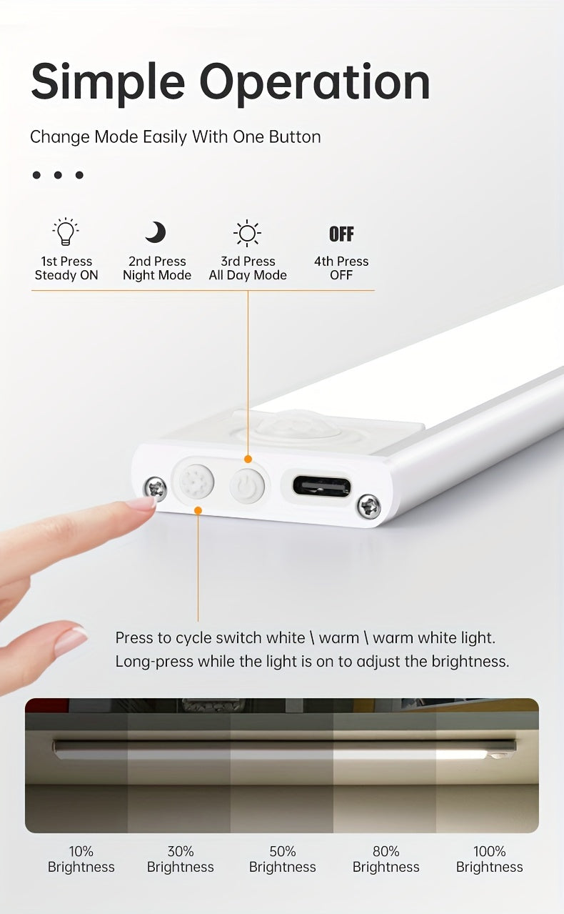 1pc Sleek Motion Sensor LED Cabinet Light - Wireless, Rechargeable with Magnetic Easy-Install, Adjustable Brightness, Waterproof IP20 - Ideal for Kitchen, Bedroom, Hallway & Staircase, Available in 19.81cm, 29.97cm, 15.7