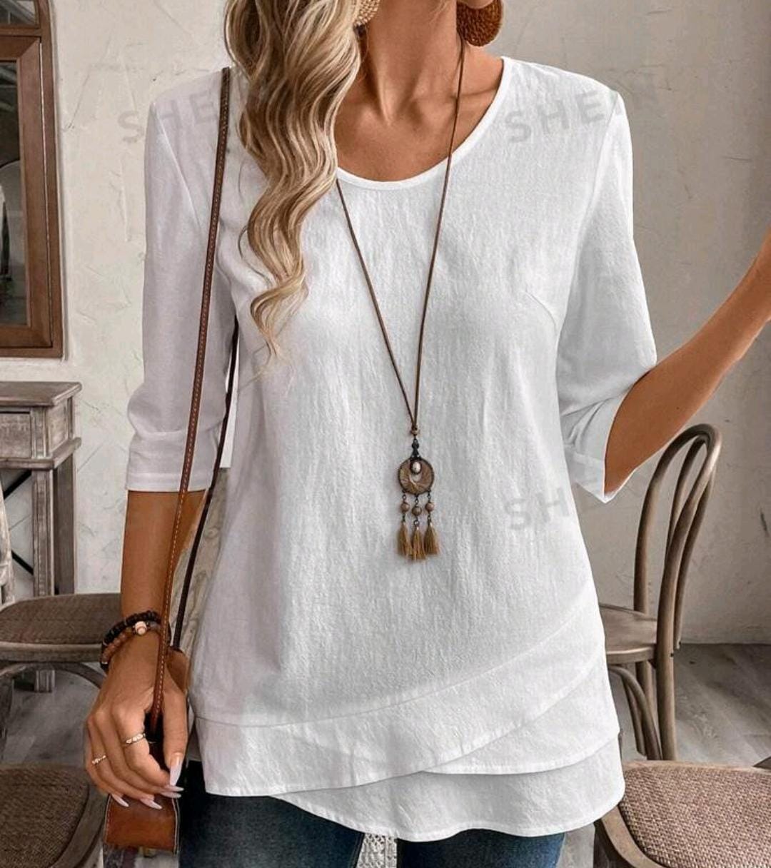 Women 100% Cotton Crew Neck 3/4 Sleeve Blouse