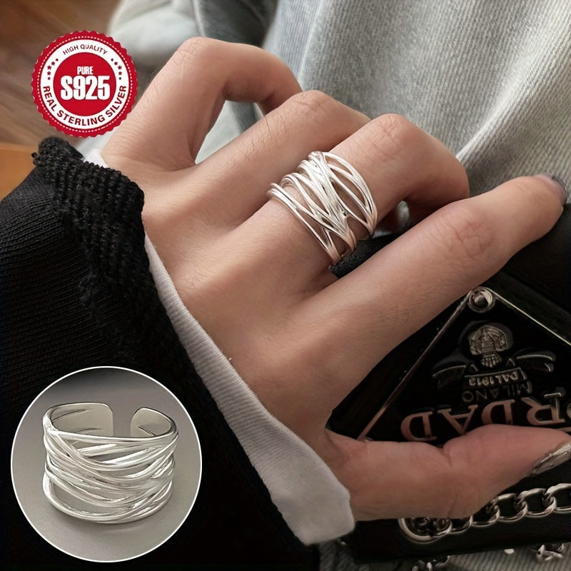 Wide version of S925 pure Silvery matte ring, simple and luxurious adjustable opening design, suitable for daily wear and gifting, suitable for all seasons - anti-oxidation gift box included, weight 0.25 ounces