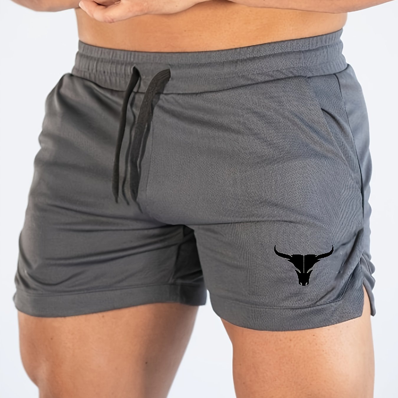 Men's Bull Graphic Print Split Shorts With Pockets, Active Elastic Waist Drawstring Shorts For Summer