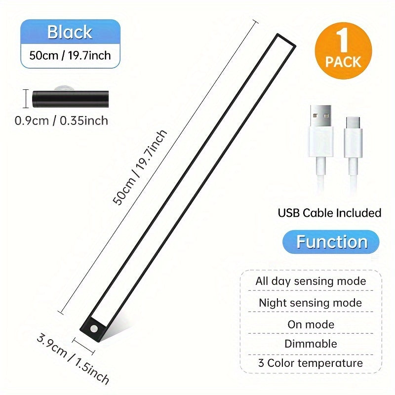 1pc Sleek Motion Sensor LED Cabinet Light - Wireless, Rechargeable with Magnetic Easy-Install, Adjustable Brightness, Waterproof IP20 - Ideal for Kitchen, Bedroom, Hallway & Staircase, Available in 19.81cm, 29.97cm, 15.7