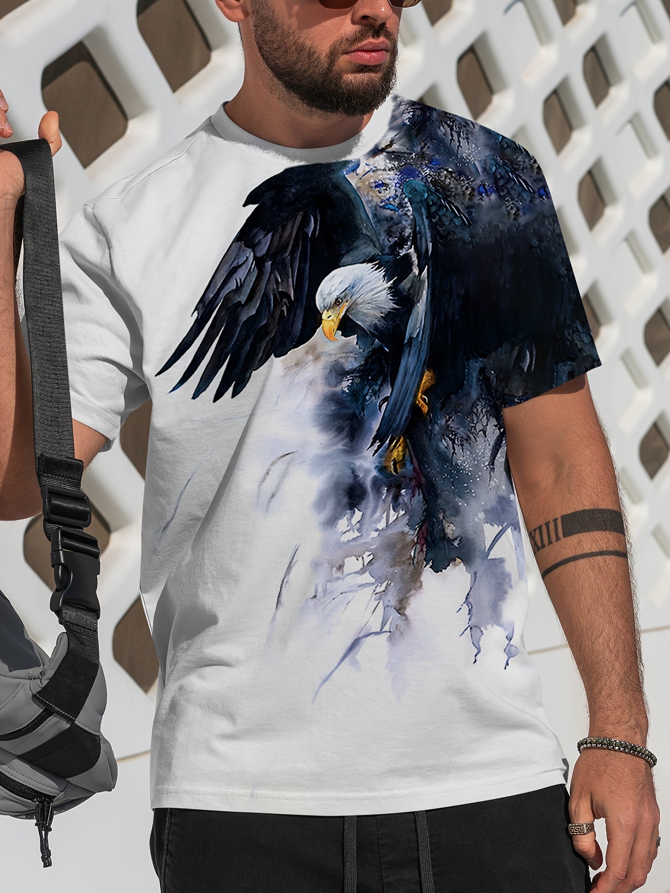 Men's 3D Eagle Print T-Shirt - Casual Round Neck, Short Sleeve, Summer Tee with Drawstring Detail