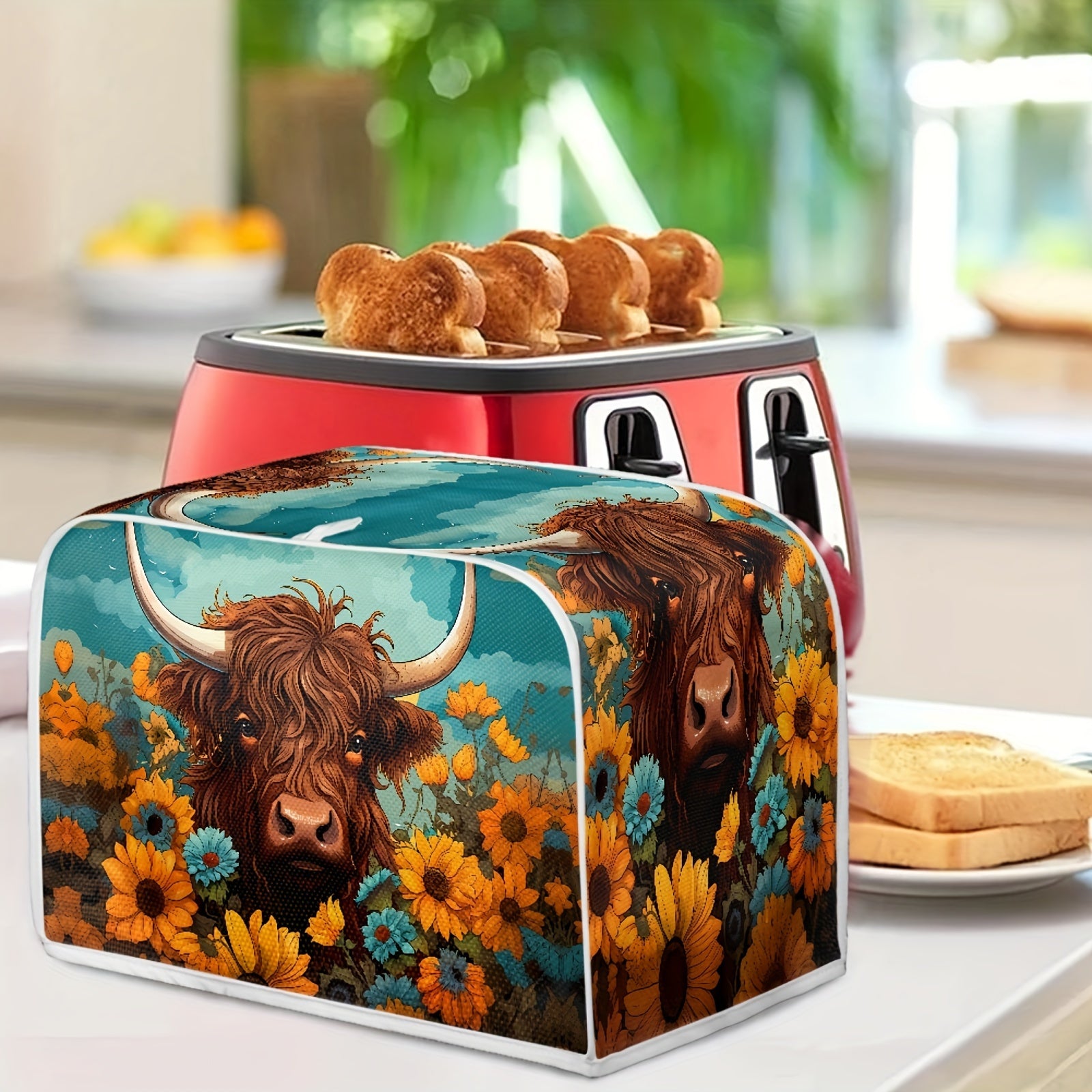 Sunflower Highland Cow Printed Toast Oven Cover - Protective, Dustproof, and Fingerprint Resistant for Kitchen Small Appliances - Suitable for Toast Ovens - Rshubino Brand