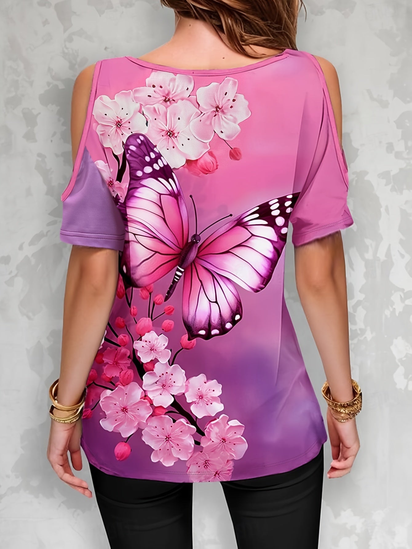 Vibrant Butterfly Print Crew Neck T-Shirt - Women's Elegant Cold Shoulder Short Sleeve Tee for Spring & Summer - Comfortable, Breathable, Relaxed Fit Clothing for Ladies