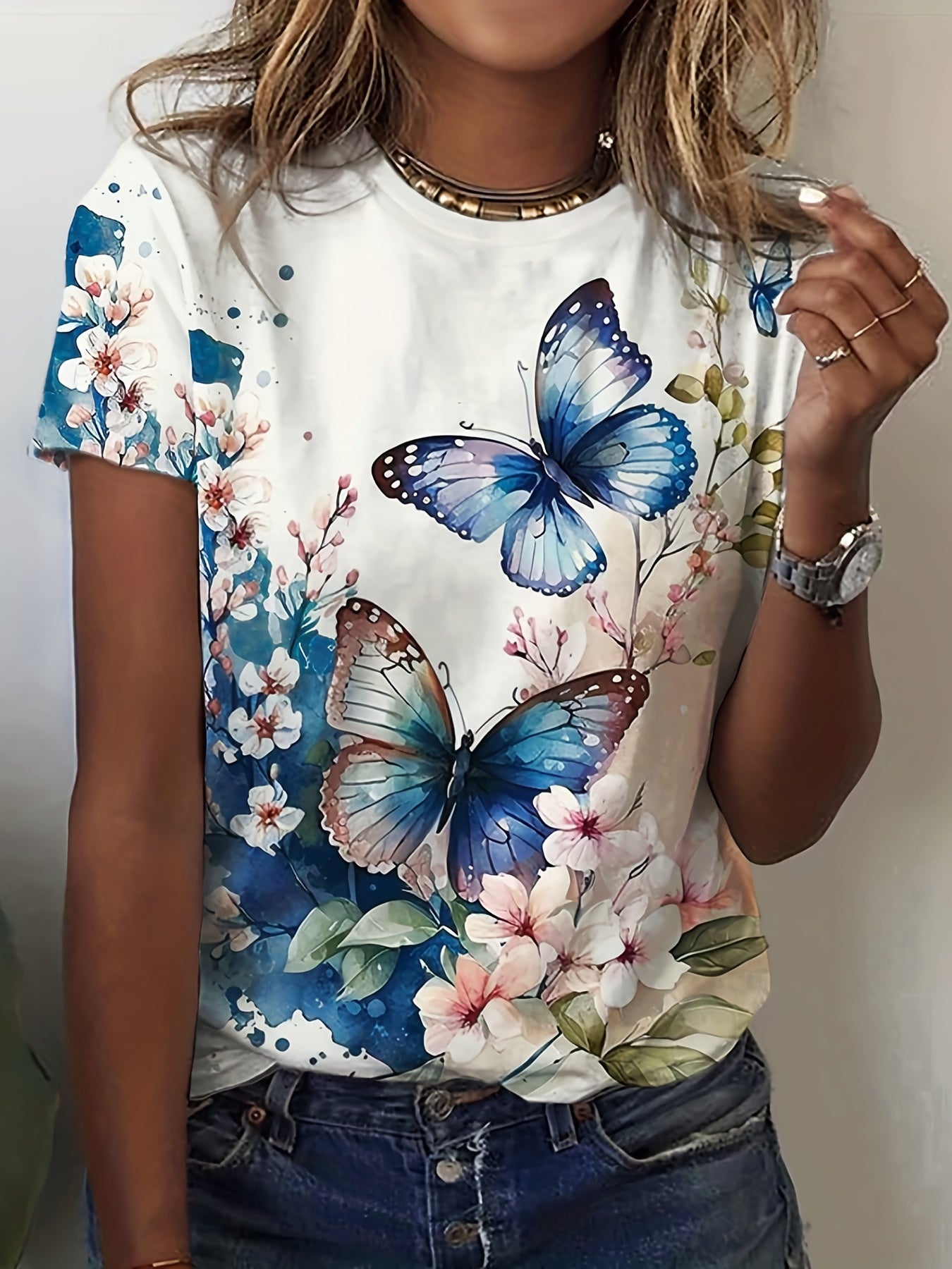 Butterfly & Flower Print Relaxed Fit Crew Neck Short Sleeve T-Shirt - Soft Medium Stretch Polyester Fabric, Casual Summer Top with Positioning Printing - Womens Regular Length Clothing for Spring & Summer