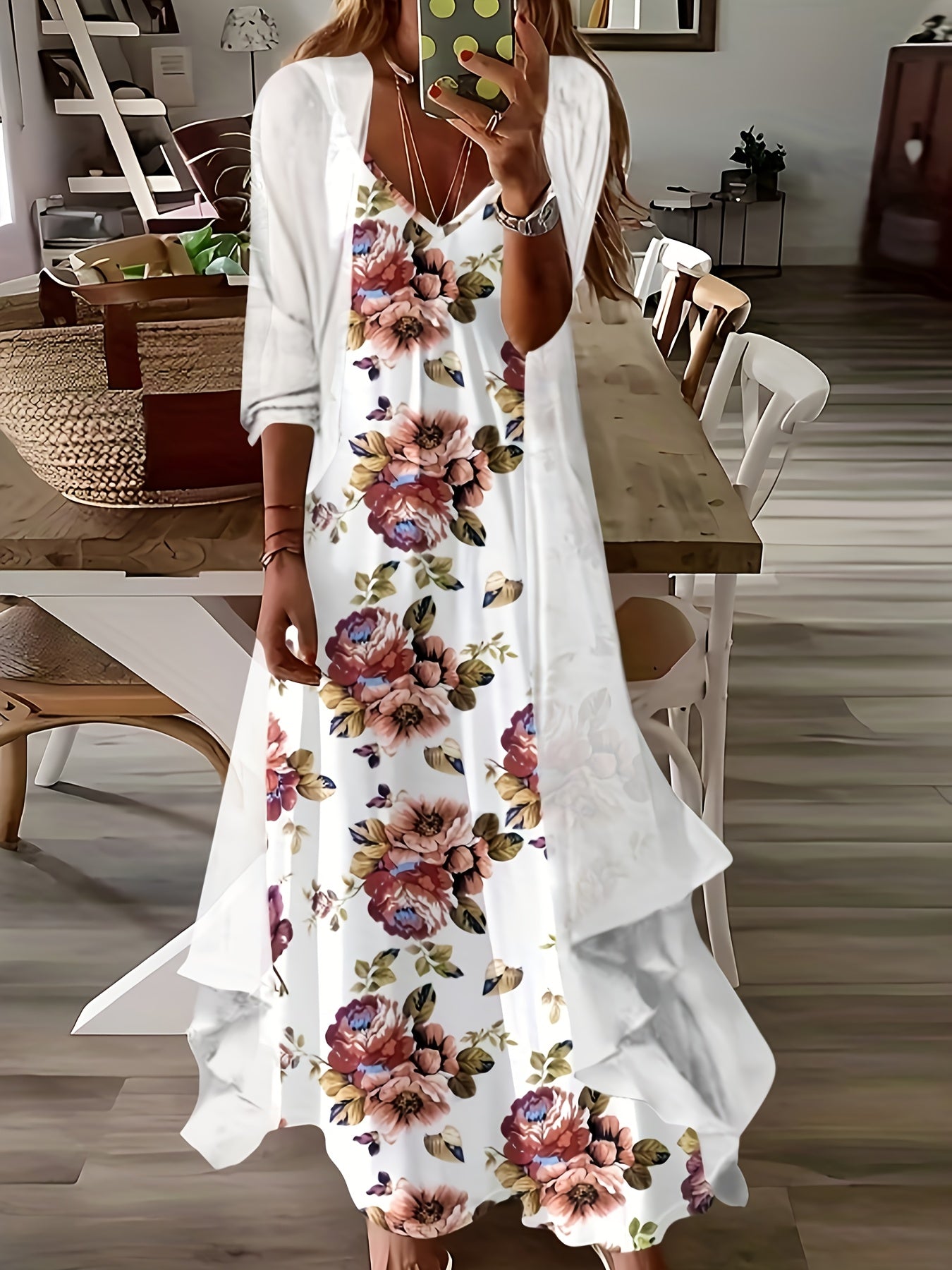 Elegant Floral Print Cami Dress Set, Three-quarter Sleeve Open Front Top & V Neck Sleeveless Cami Dress Outfits, Women's Clothing