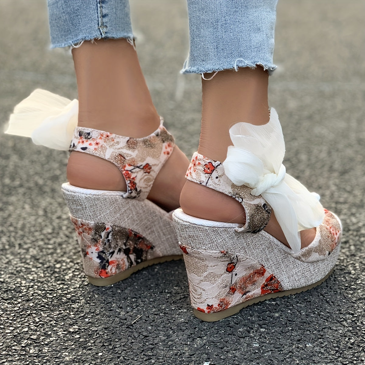 Vibrant Floral Print Wedge Sandals - Chic Peep-Toe Design, Adjustable Bow Ankle Strap with Slingback Closure, Sturdy Platform Heel - Perfect for Womens Casual Outings, Versatile and Easy to Match with Various Outfits, Ideal for Outdoor Events or Social G