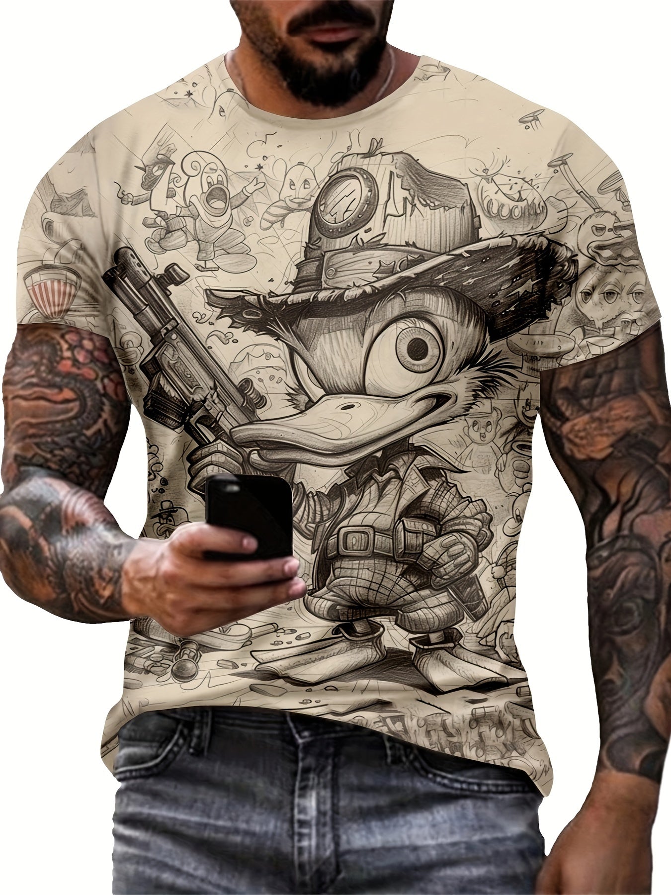 Men's Fashionable Duck Graphic Print T-Shirt - Soft Short Sleeve Crew Neck Tee with Relaxed Fit for Comfortable Summer Outdoor Activities - Perfect Men's Clothing for Casual Events and Travel