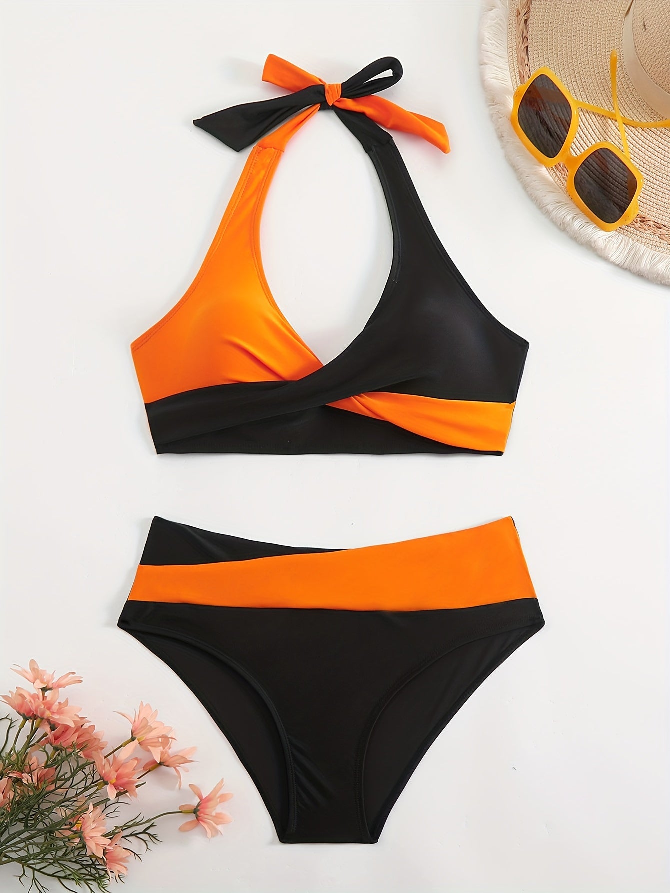 Two-piece Bikini Swimsuit for Women, Solid Color Sexy Patchwork Multi-Color Sexy Bikini with Neck Strap