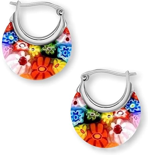 Murano Style Glass Hoop Earrings for Women Trendy Daisy Flower Stainless Steel Dangle Fun Vibrant Colors Teacher Glass Jewelry Unique Valentines Day Gifts for Women Birthday Anniversary 11.6 Gms