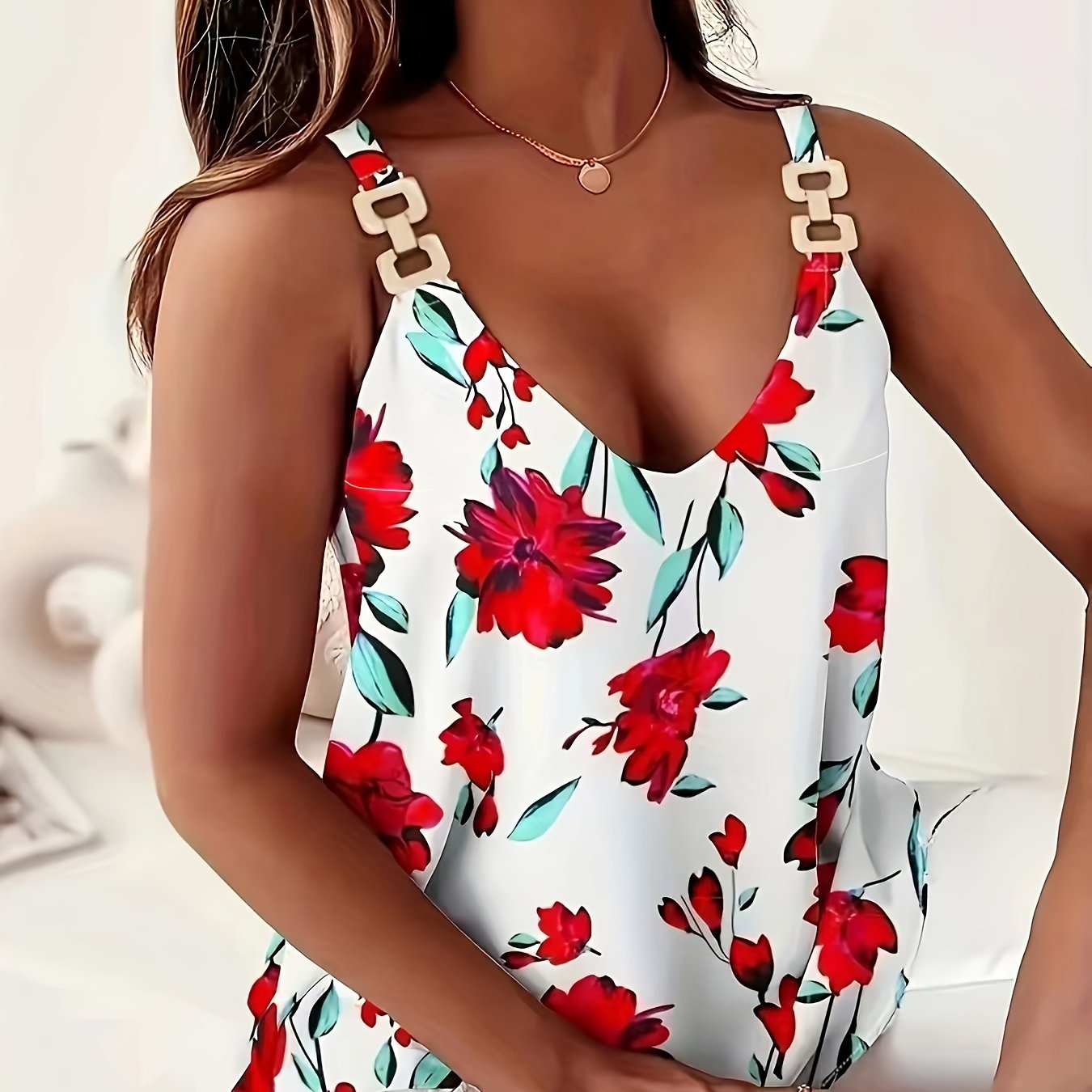 Chic Plus Size Floral Cami Top with Metal Chain Detail - V-Neck, Non-Stretch Polyester, Perfect for Summer & Beach Outings