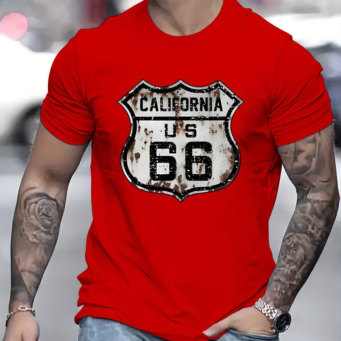 Men's Polyester Blend T-Shirt - Crew Neck, Short Sleeve, Regular Fit, Knit Fabric with California Route 66 Print - Casual Summer Top with Slight Stretch, 180g Fabric Weight