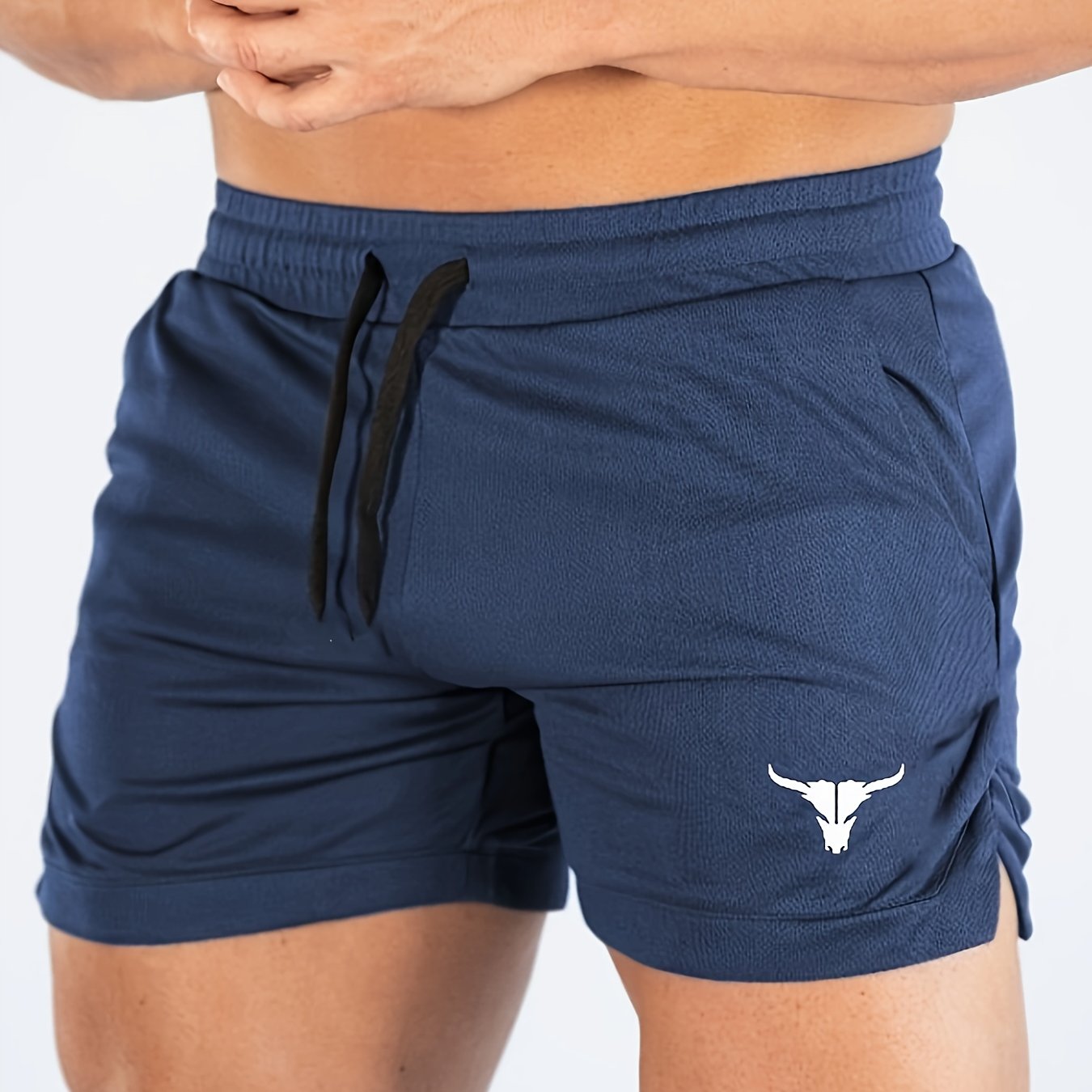 Men's Bull Graphic Print Split Shorts With Pockets, Active Elastic Waist Drawstring Shorts For Summer