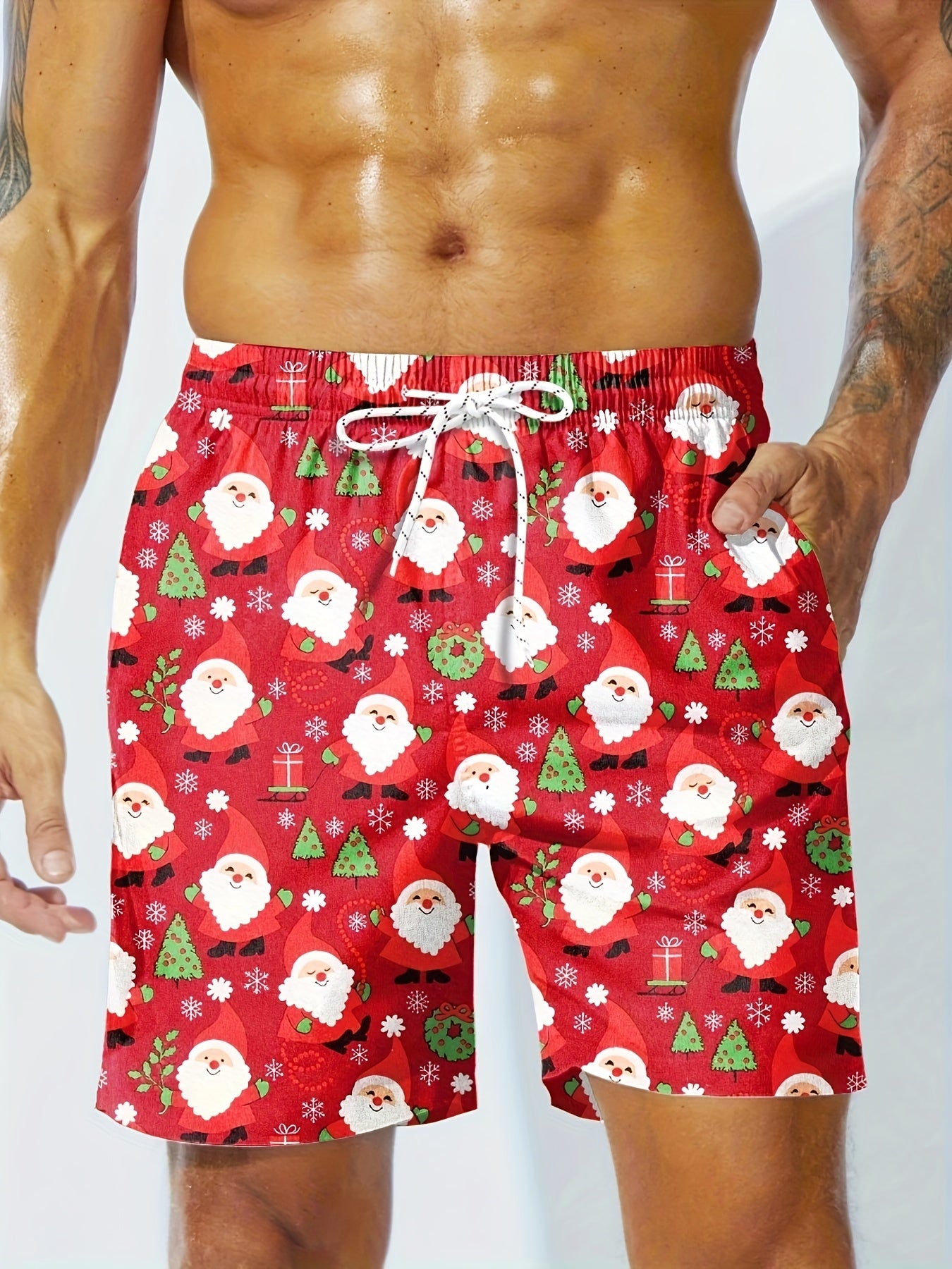 Men's Christmas Themed Santa And Tree Print Board Shorts With Drawstring, Casual Versatile Shorts For Summer Novelty Leisurewear