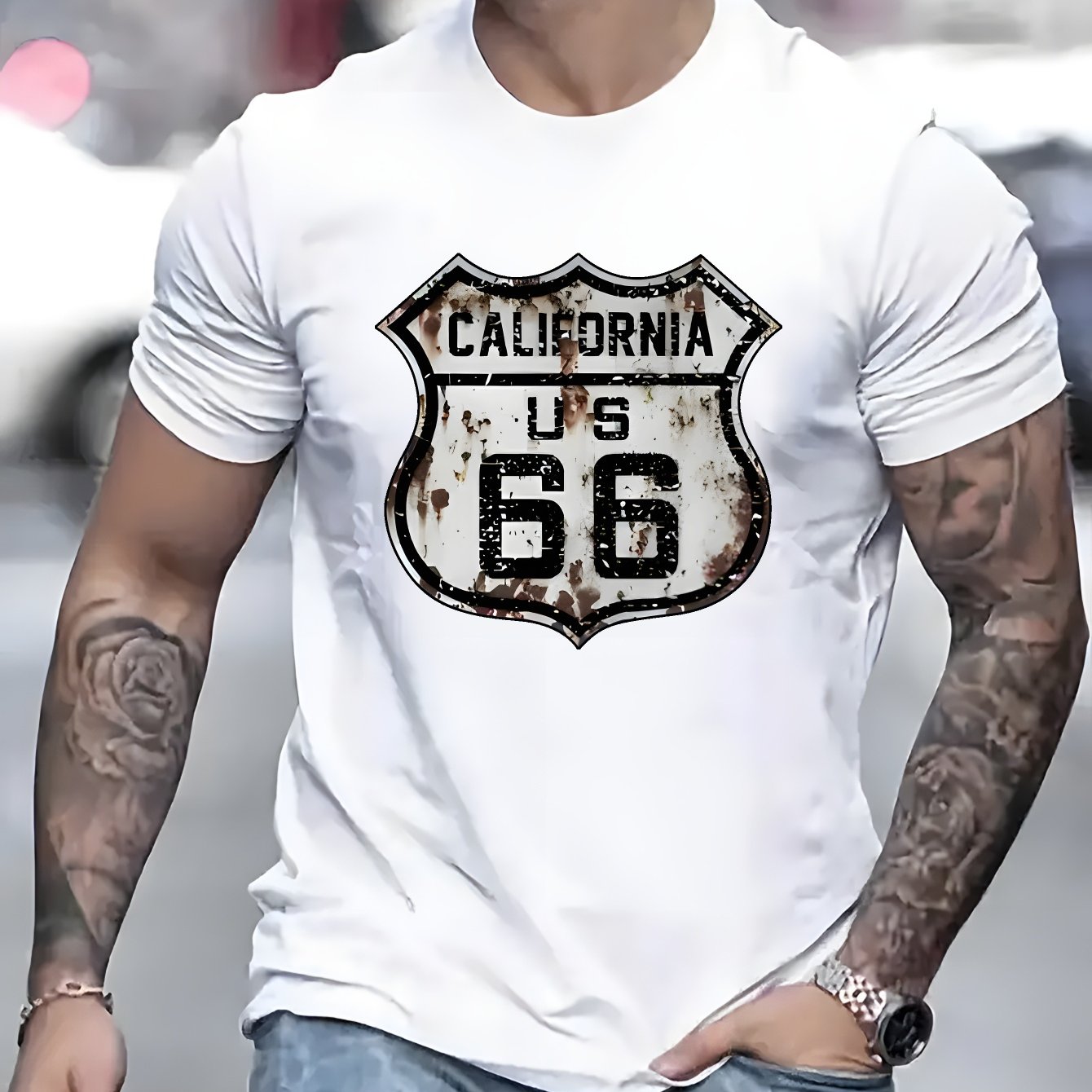 Men's Polyester Blend T-Shirt - Crew Neck, Short Sleeve, Regular Fit, Knit Fabric with California Route 66 Print - Casual Summer Top with Slight Stretch, 180g Fabric Weight