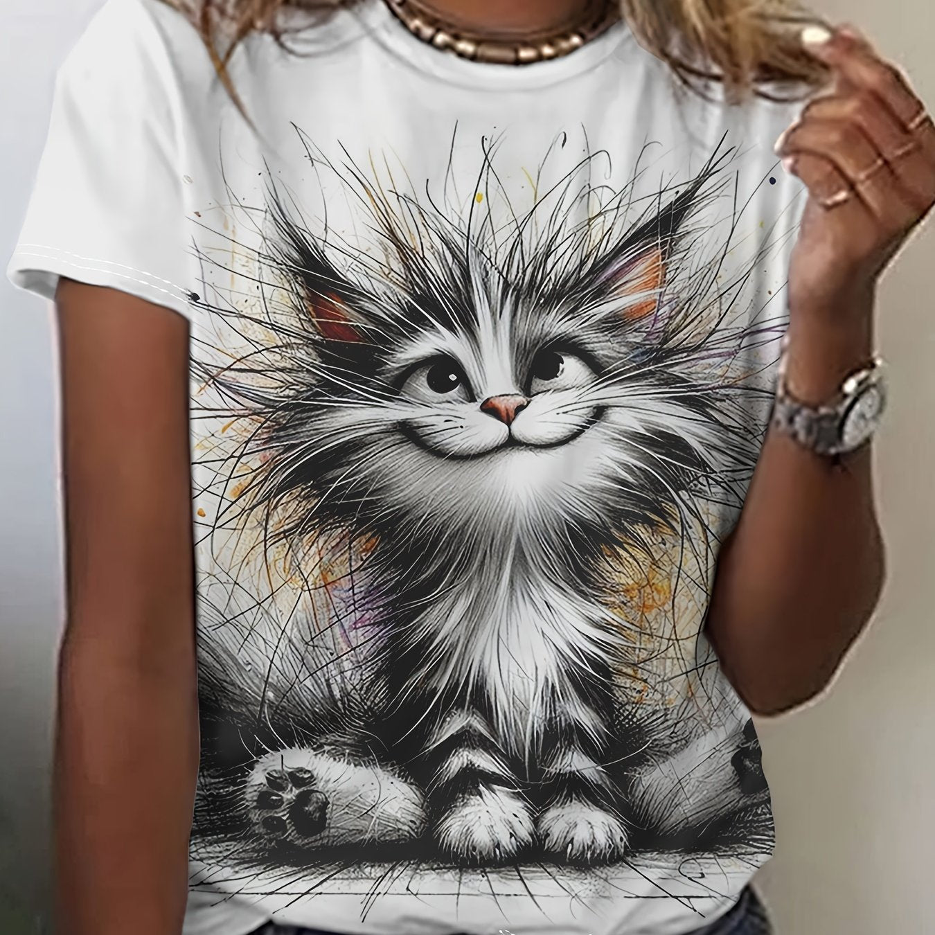 Fuzzy Cat Print Crew Neck T-shirt, Short Sleeve Casual Top For Summer & Spring, Women's Clothing