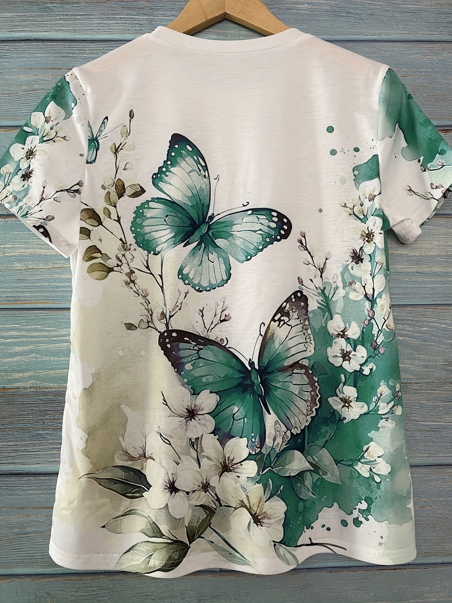 Butterfly & Flower Print Relaxed Fit Crew Neck Short Sleeve T-Shirt - Soft Medium Stretch Polyester Fabric, Casual Summer Top with Positioning Printing - Womens Regular Length Clothing for Spring & Summer