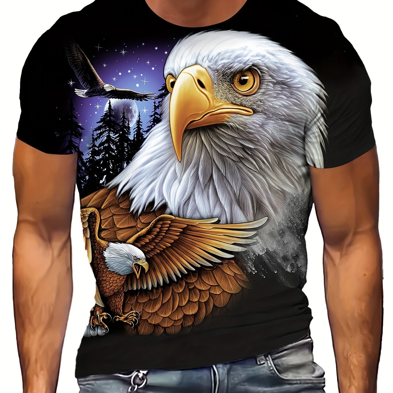 Eagle Print T-shirt, Men's Casual Street Style Stretch Round Neck Tee Shirt For Summer