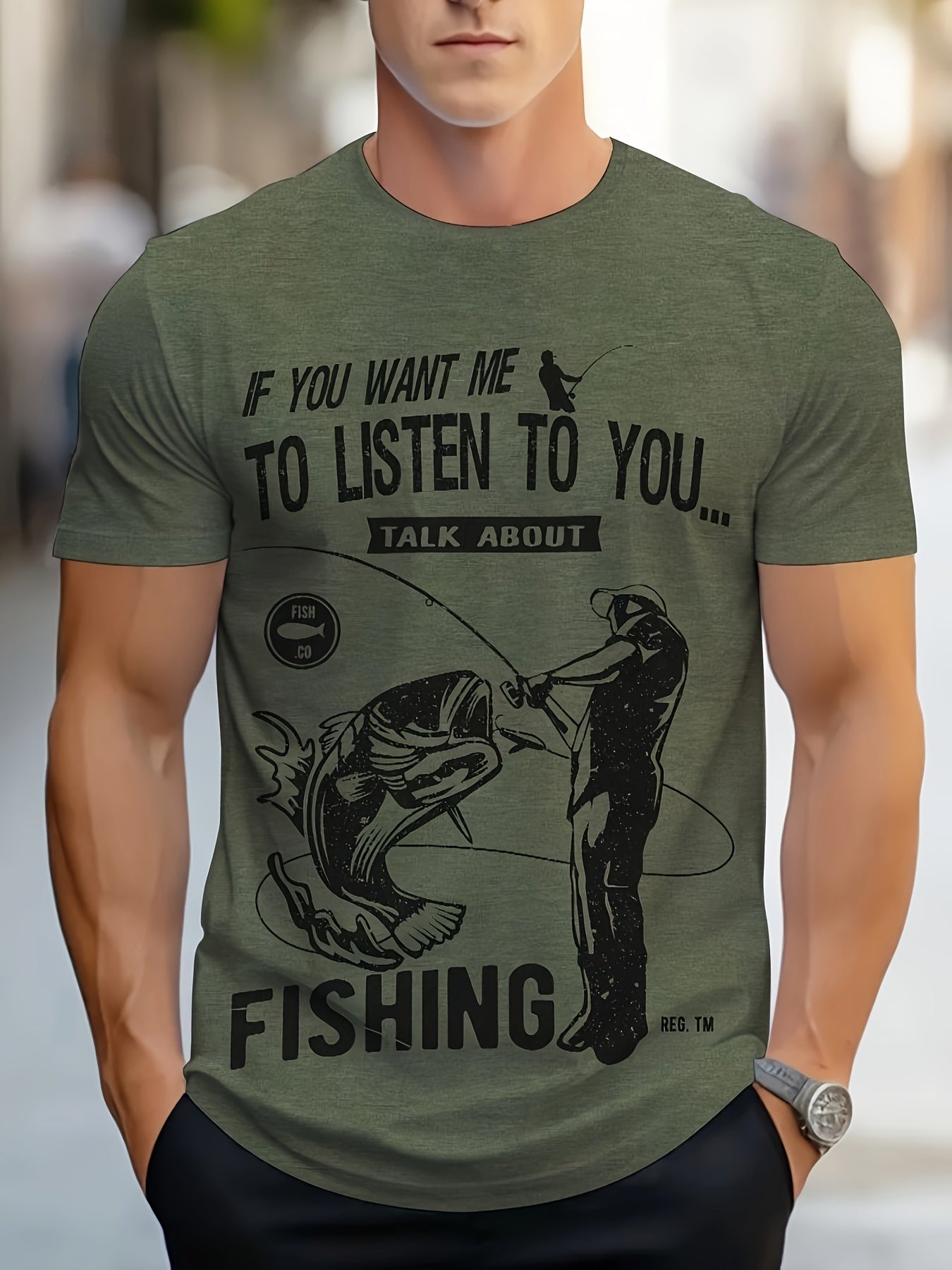 Men's Fish Graphic Print T-shirt, Casual Short Sleeve Crew Neck Tee, Men's Clothing For Summer Outdoor