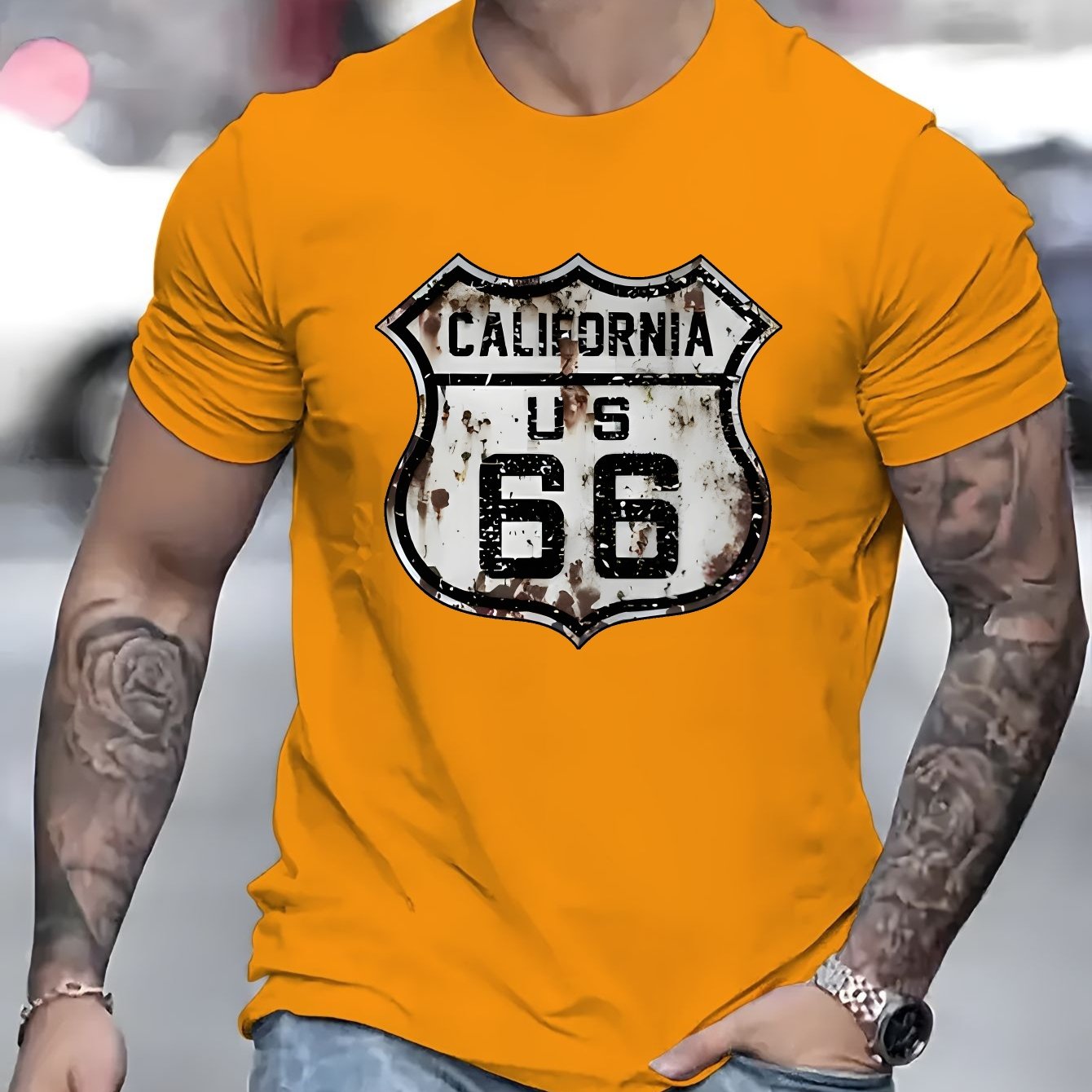 Men's Polyester Blend T-Shirt - Crew Neck, Short Sleeve, Regular Fit, Knit Fabric with California Route 66 Print - Casual Summer Top with Slight Stretch, 180g Fabric Weight