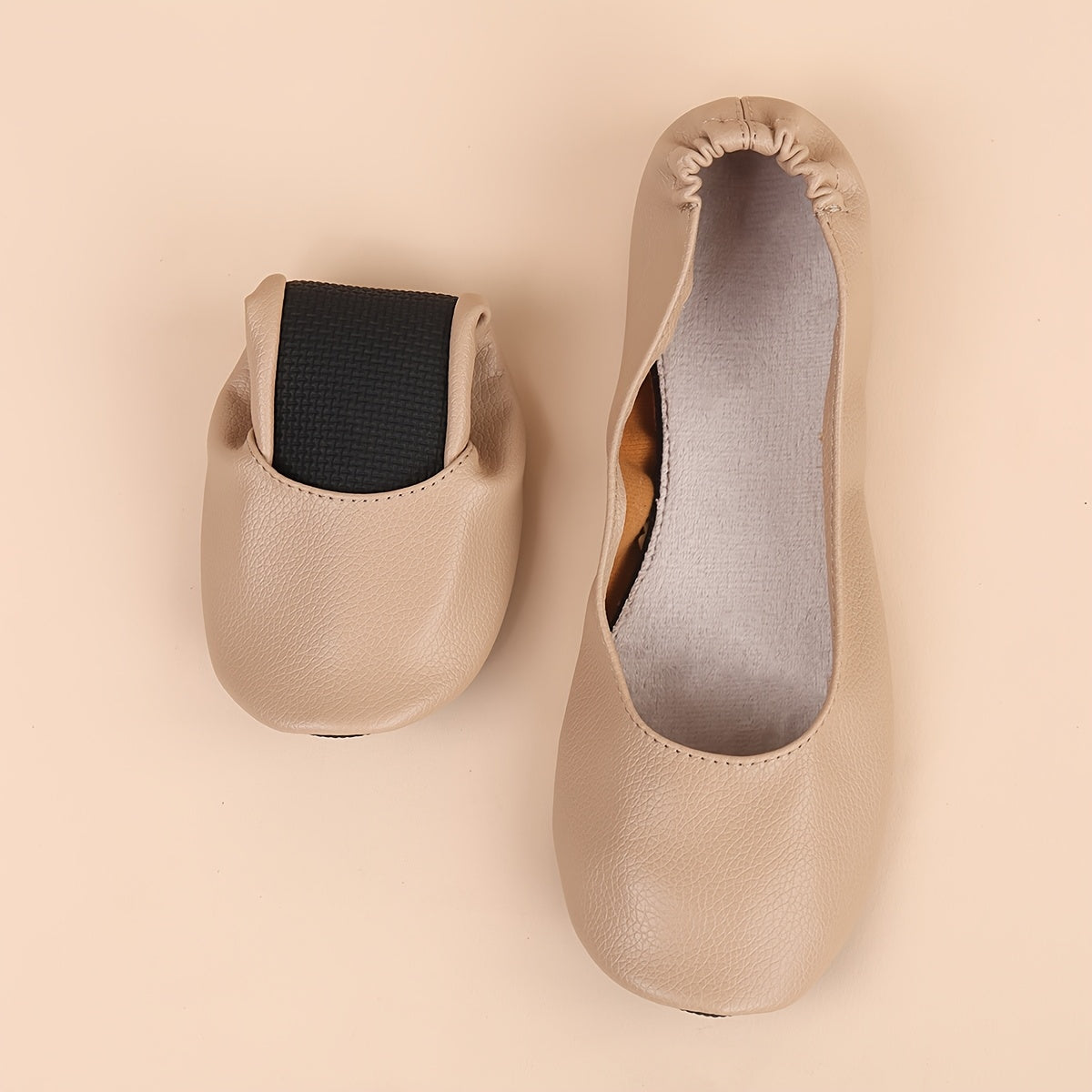 Women's Classic Black & Nude Slip-On Ballet Flats - Soft, Comfortable Faux Leather with Lychee Texture, Lightweight, Foldable Design for All Seasons