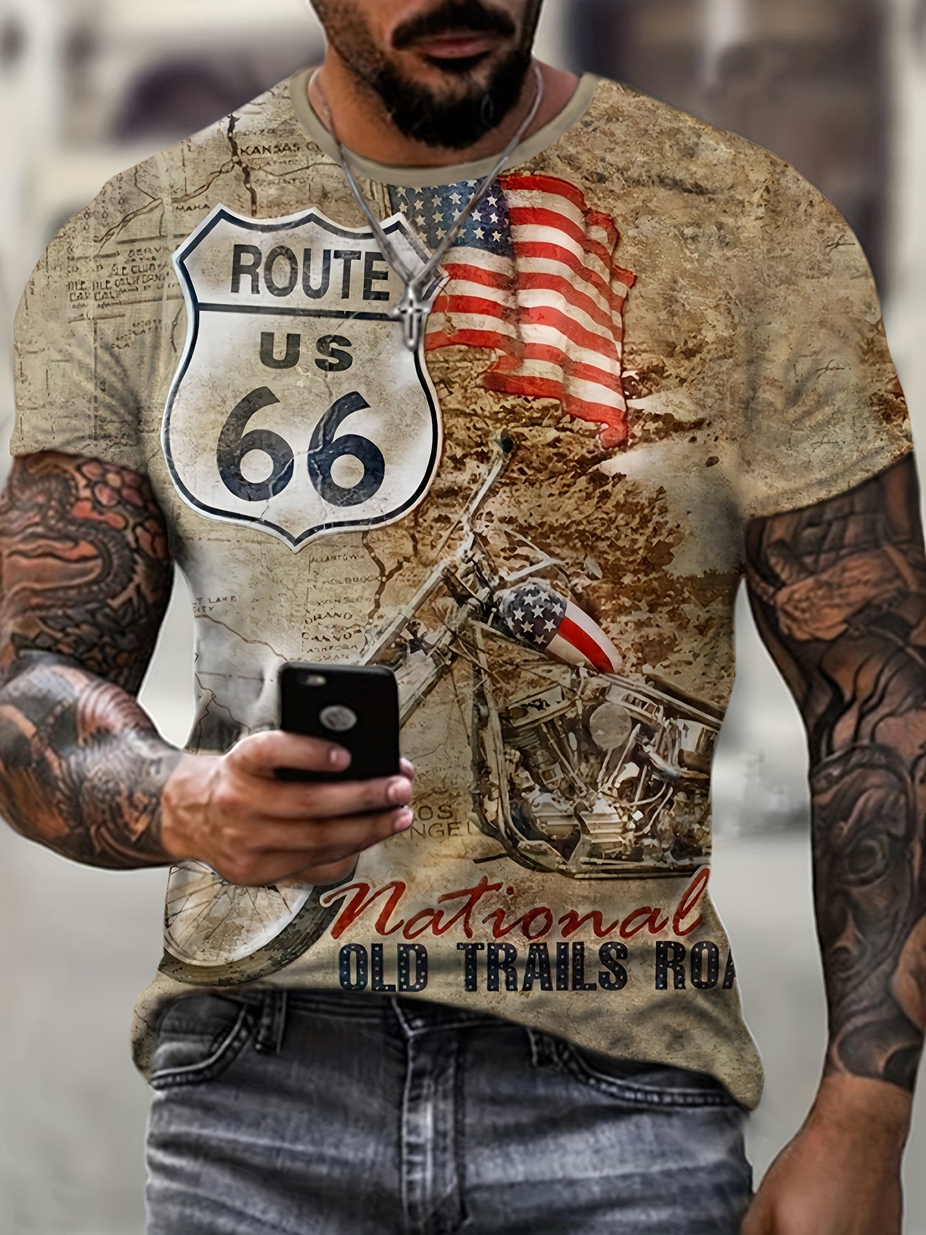 Fancy Motorcycle Print T-shirt, Men's Casual Comfy Crew Neck Tee, Trendy Short Sleeve Top For Summer Daily Wear