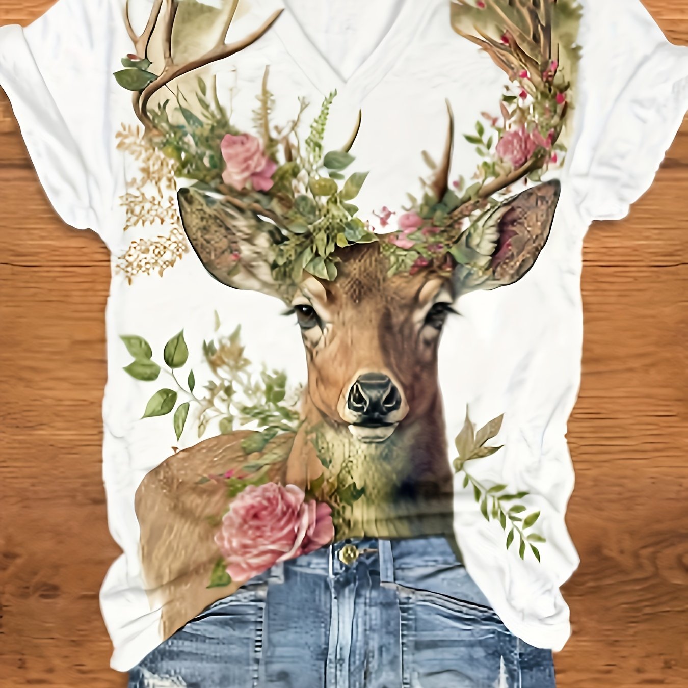 Elegant Plus Size Women's Top with Deer Print - V-Neck, Short Sleeve, Spring/Summer Fashion