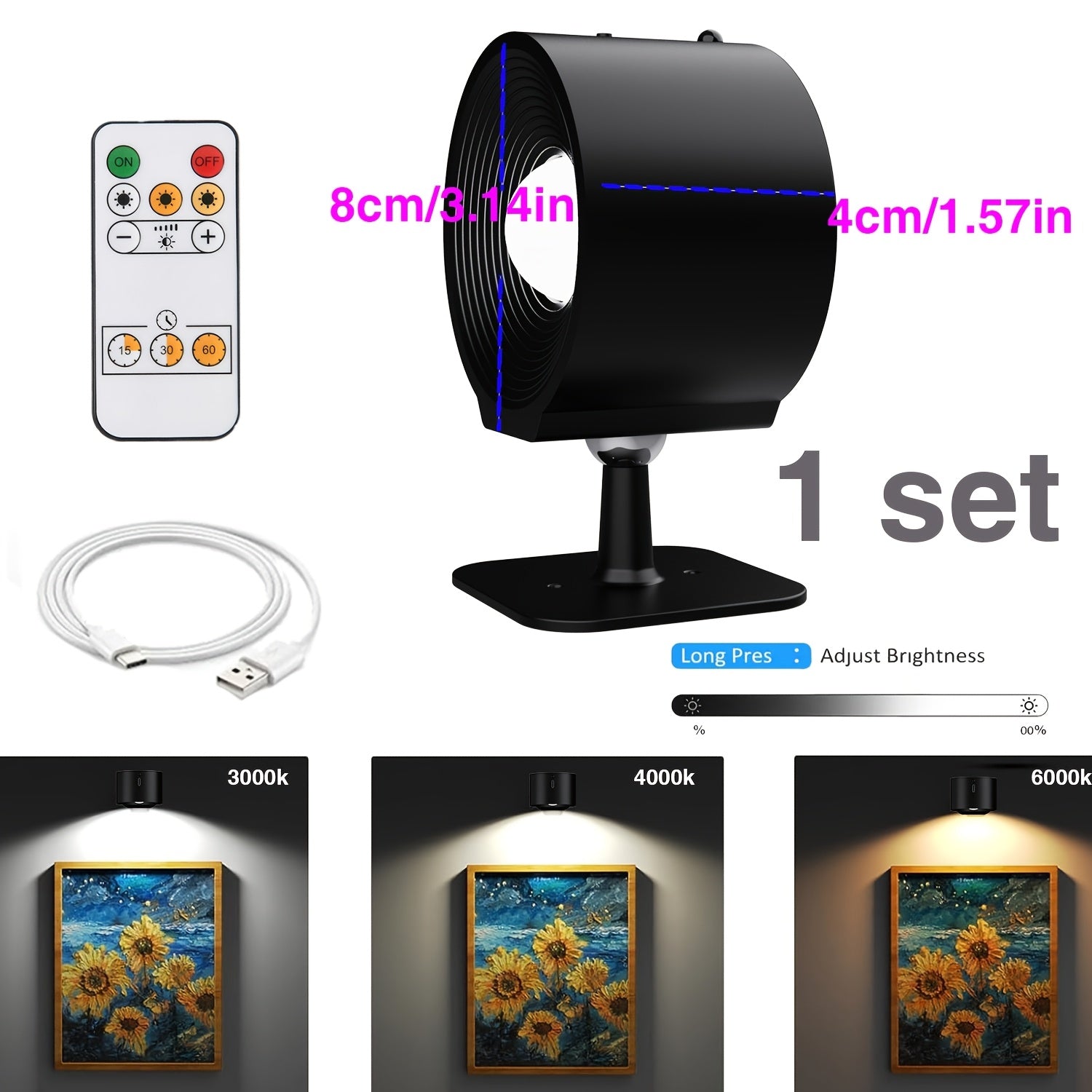 HBOWMDJIA LED Wall Sconces, USB Rechargeable 2000mAh Lithium Battery, 3 Adjustable Lighting Modes, 360° Rotatable Magnetic Head, Remote Controlled, with Plastic Shade, for Reading, Bedroom, Hallway