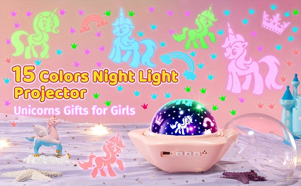 Mystical Unicorn Night Light Projector - 90 Vibrant Light Modes, 360° Silent Rotation, Rechargeable 2400mAh Battery, Dimmable Lamp with Timer & Infrared Sensor, 6 HD Projection Films, USB Charging, Portable Pink Bedroom Star Ceiling Projector with Auto-O