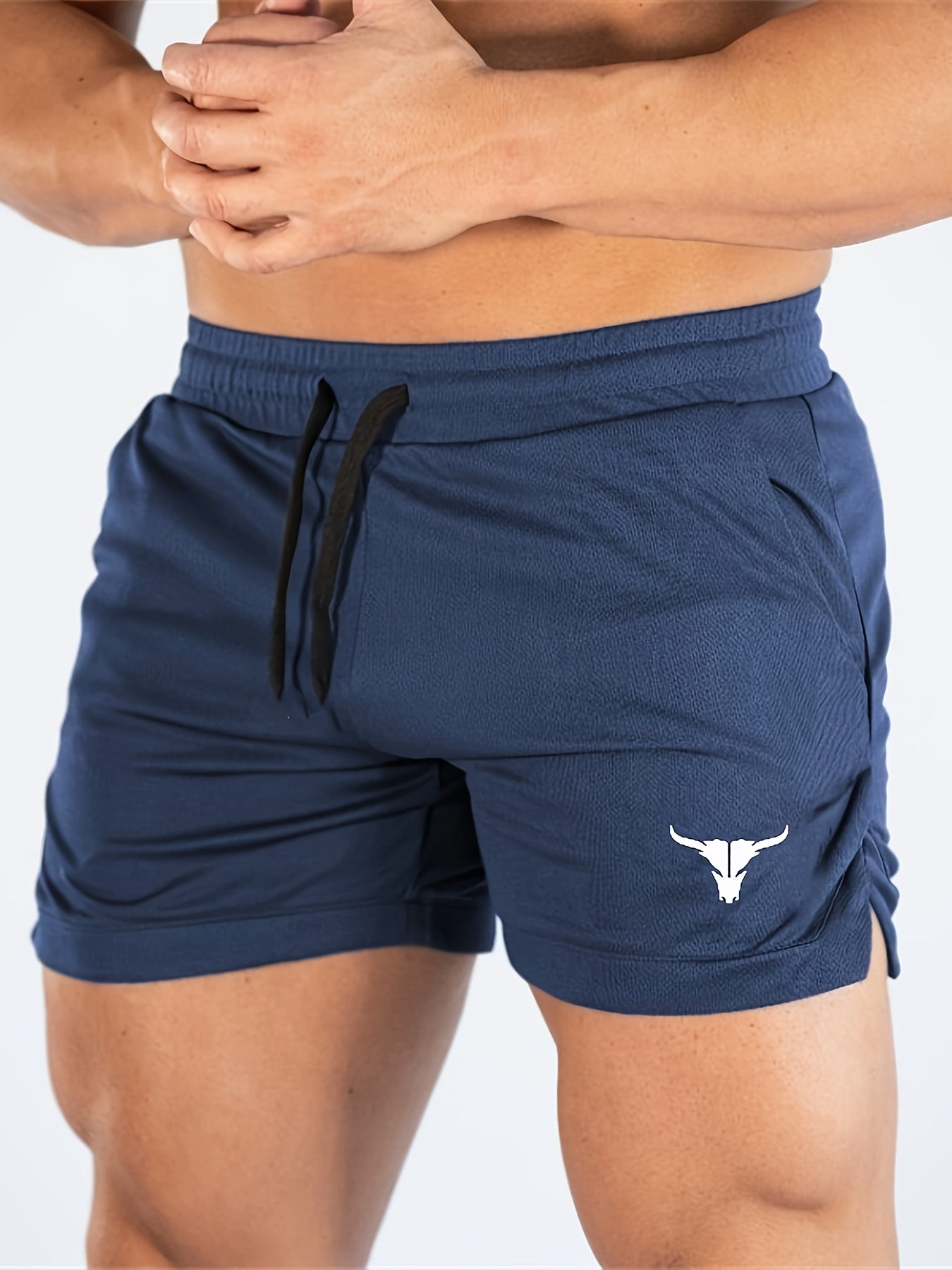 Men's Bull Graphic Print Split Shorts With Pockets, Active Elastic Waist Drawstring Shorts For Summer