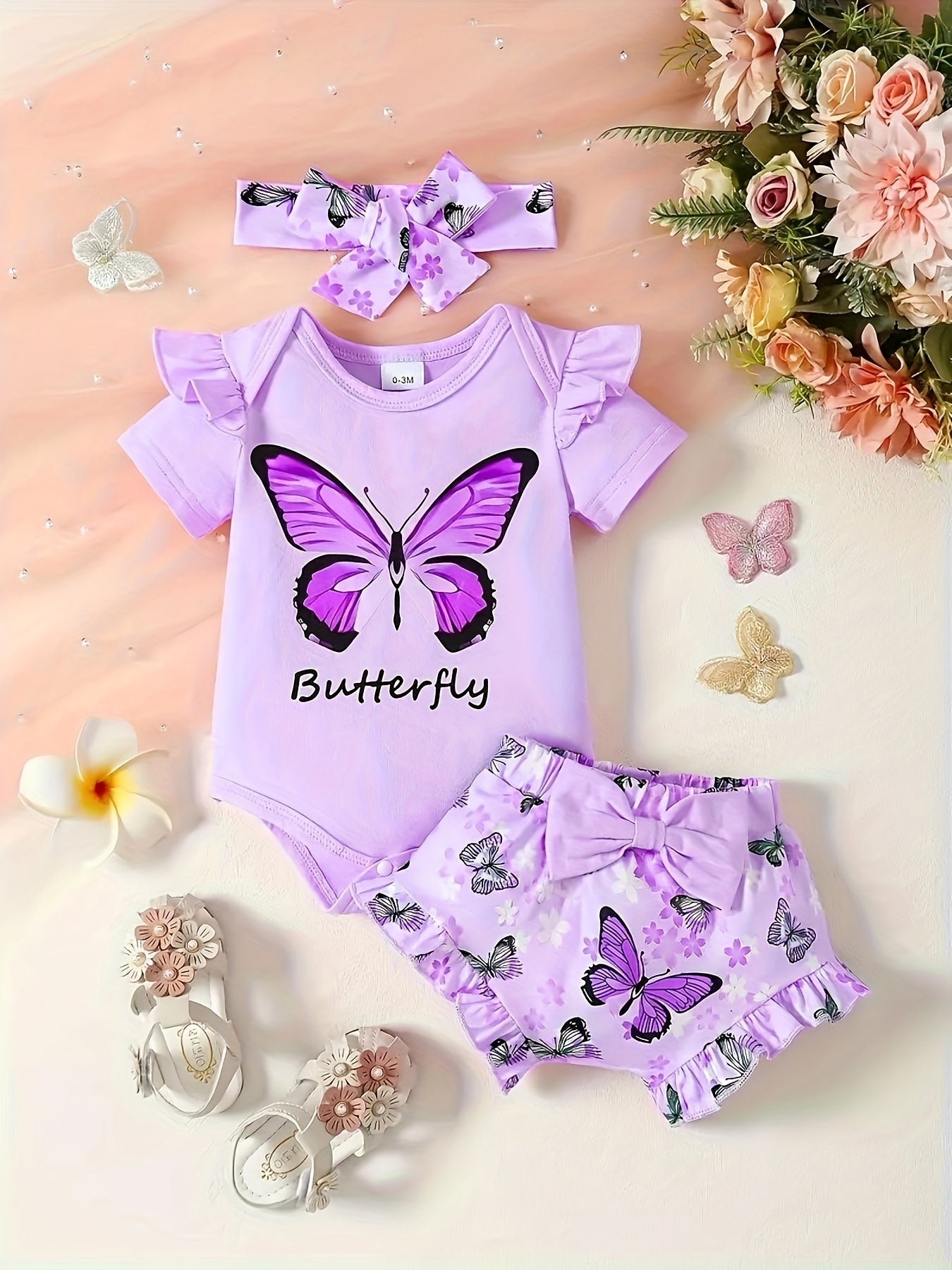 2pcs Baby's Bowknot Decor Butterfly Print Shorts & Hairband & Ruffled Bodysuit Set, Toddler & Infant Girl's Clothes For Summer Daily Wear, Outdoor Cloth