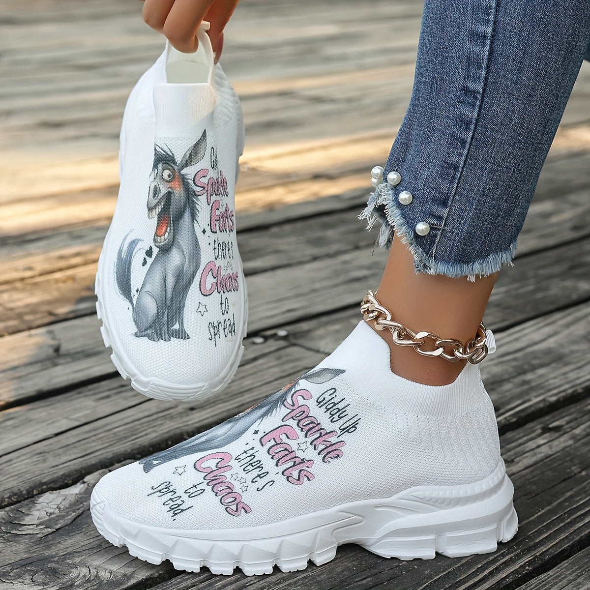 Giddy Up Sparkle Eats: Chow Down to Spread - Women's Casual Slip-On Sneakers with Cartoon Donkey Print