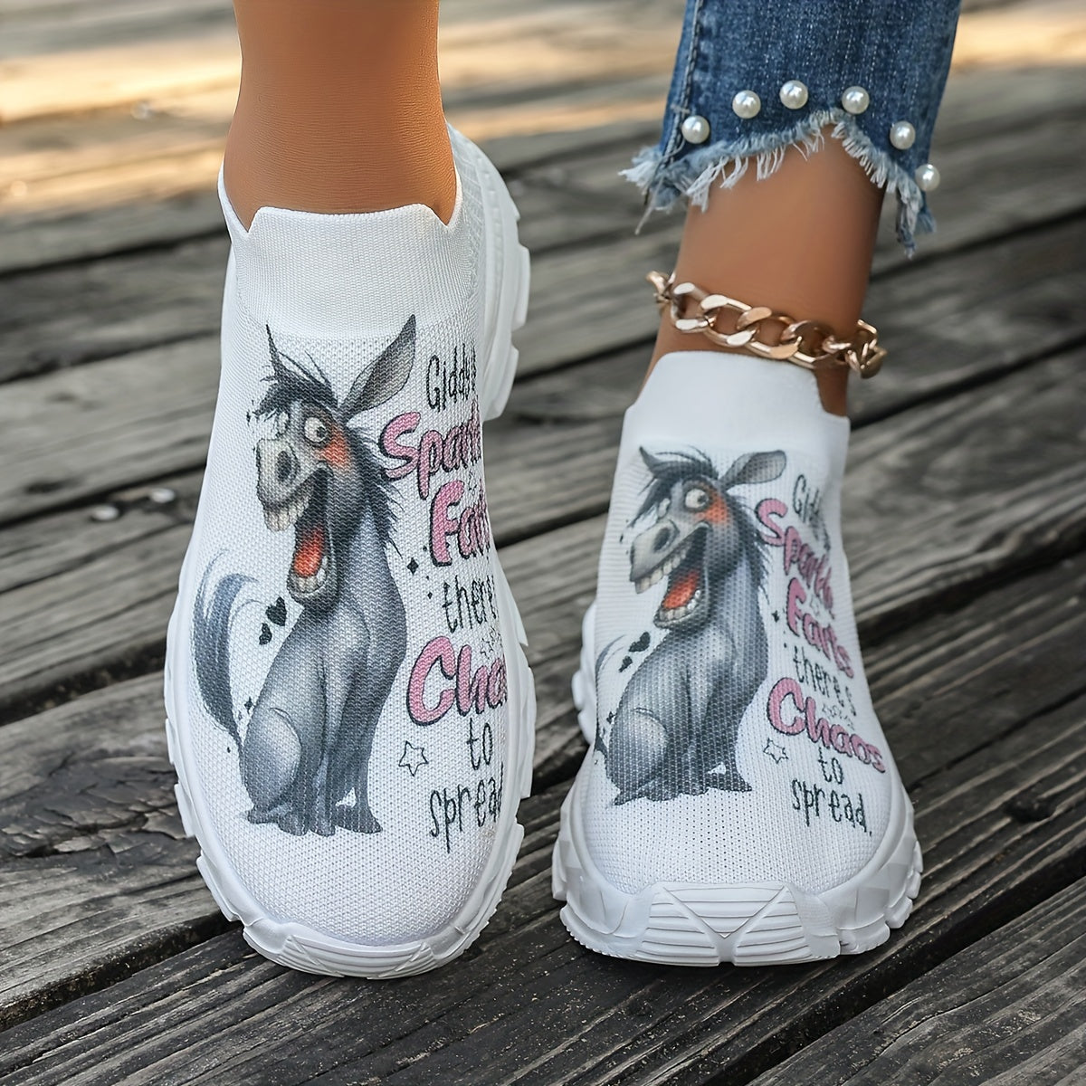 Giddy Up Sparkle Eats: Chow Down to Spread - Women's Casual Slip-On Sneakers with Cartoon Donkey Print