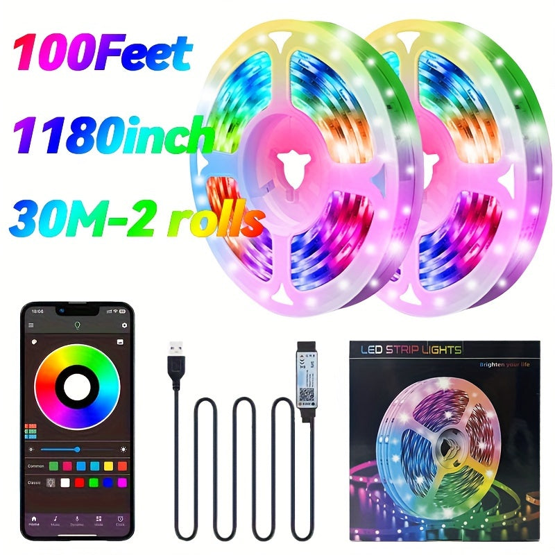 Deluxe Gift Box 99.97cm-30.48meter 5050 LED Strip Lights with Music Sync, Remote & App Control, Timer, Adjustable Brightness - Perfect for Bedrooms, Living Rooms, Game Rooms & Dance Studios