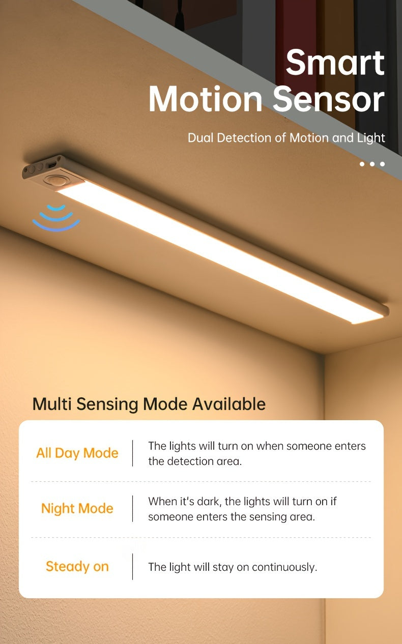 1pc Sleek Motion Sensor LED Cabinet Light - Wireless, Rechargeable with Magnetic Easy-Install, Adjustable Brightness, Waterproof IP20 - Ideal for Kitchen, Bedroom, Hallway & Staircase, Available in 19.81cm, 29.97cm, 15.7