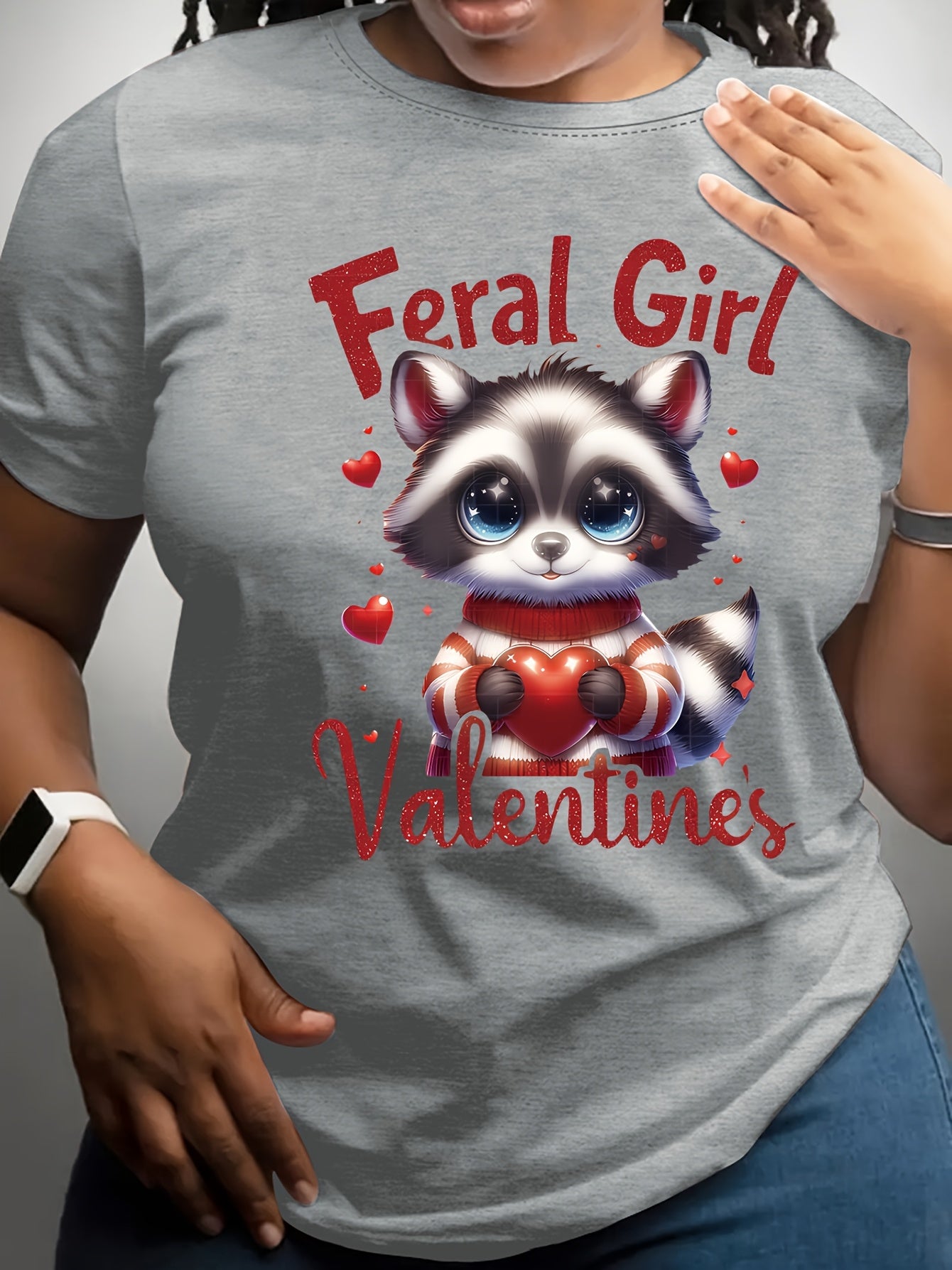 Women'S Valentine'S Day Feral Girl Raccoon Print T-Shirt, Casual Crew Neck Short Sleeve Top, 100% Polyester Knit Fabric, Regular Length, All Seasons - 180gsm