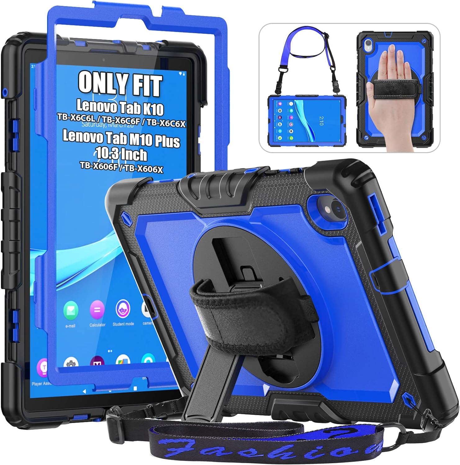 HXCASEAC Shockproof Case for Lenovo Tab K10 / Lenovo Tab M10 Plus 2nd Gen Case 10.3 inch, Protective with 360° Hand Strap/Screen Protector for TB-X606F / TB-X606X / TB-X6C6 - Blue